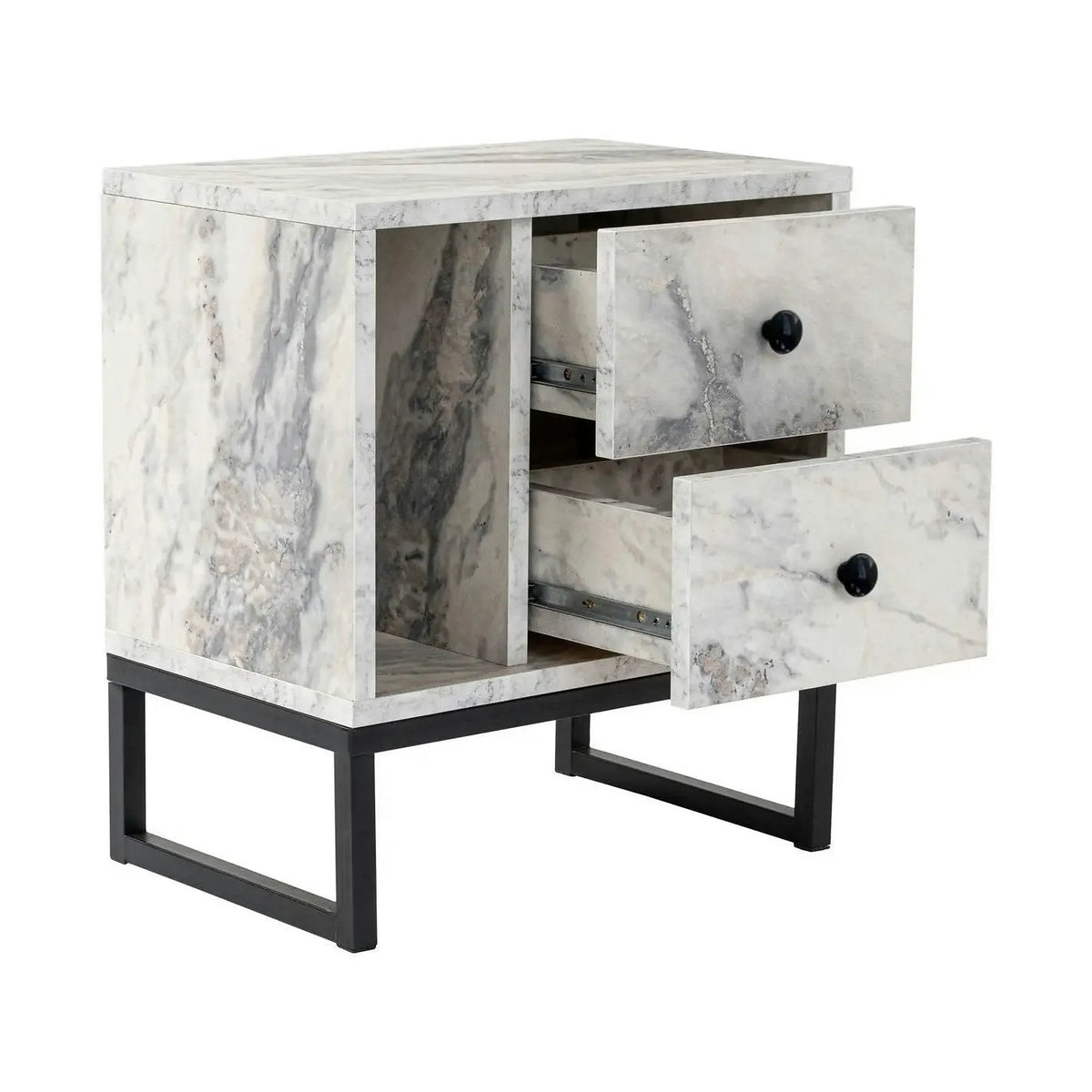 Noptiera GLIMMER, alb cu efect de marmura/negru, PAL/metal, 46x30x50 cm