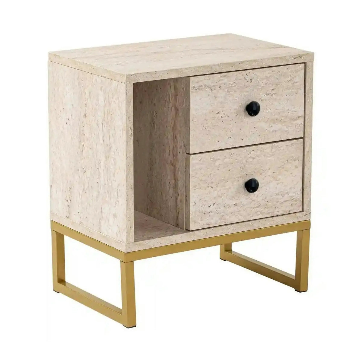 Noptiera GLIMMER, bej cu efect de piatra travertin/auriu, PAL/metal, 46x30x50 cm