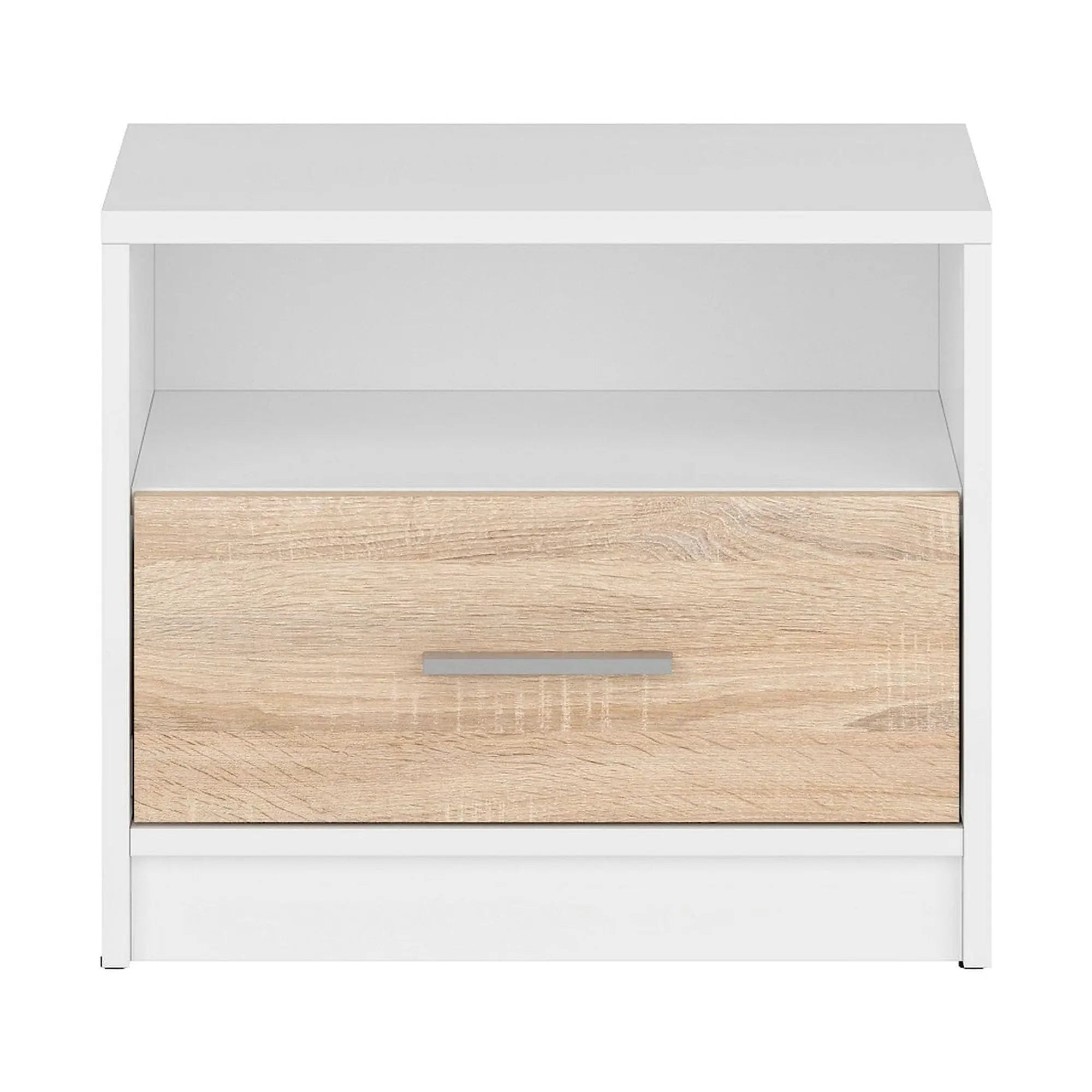 Noptiera NEPO PLUS, alb/stejar sonoma, PAL, 50x34x43 cm