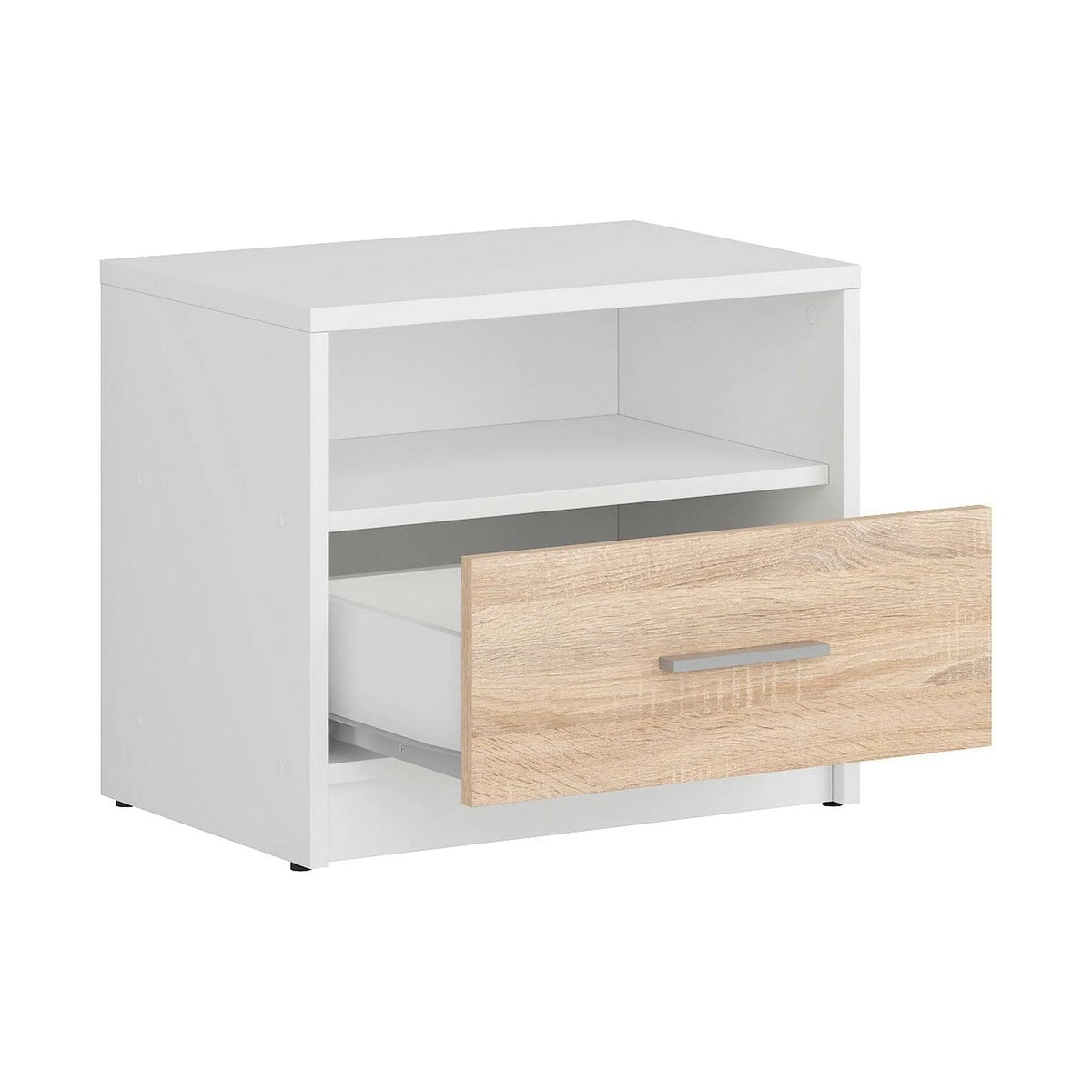 Noptiera NEPO PLUS, alb/stejar sonoma, PAL, 50x34x43 cm