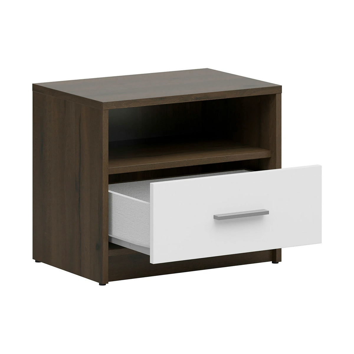 Noptiera NEPO PLUS, stejar inchis/alb, PAL laminat 50x34x43 cm