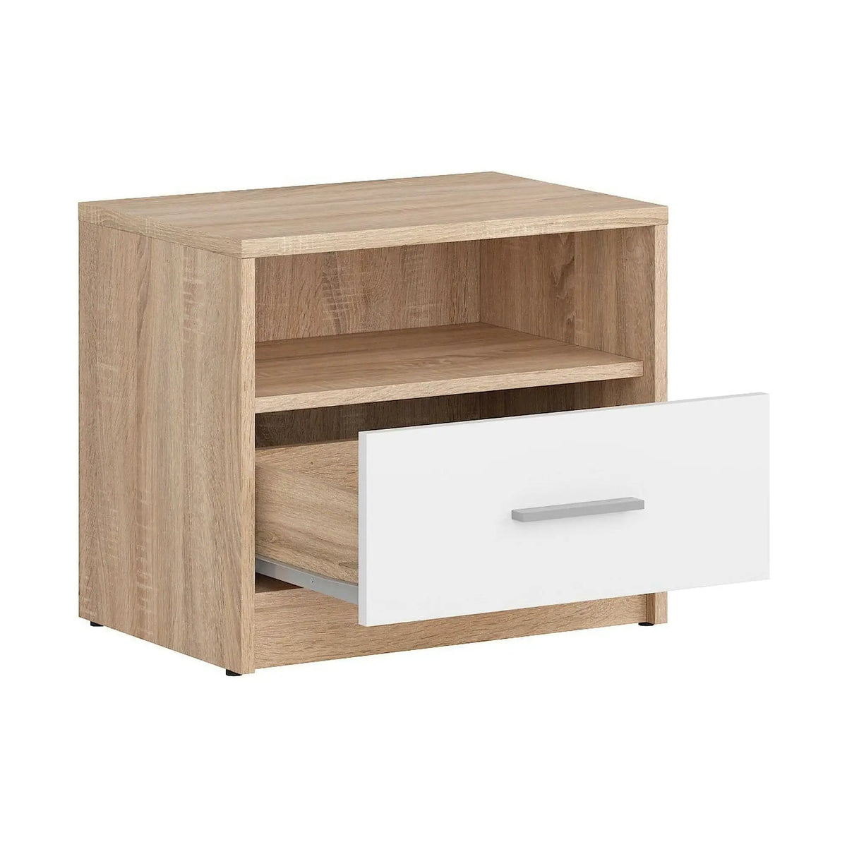 Noptiera NEPO PLUS, stejar sonoma/alb, PAL, 50x34x43 cm