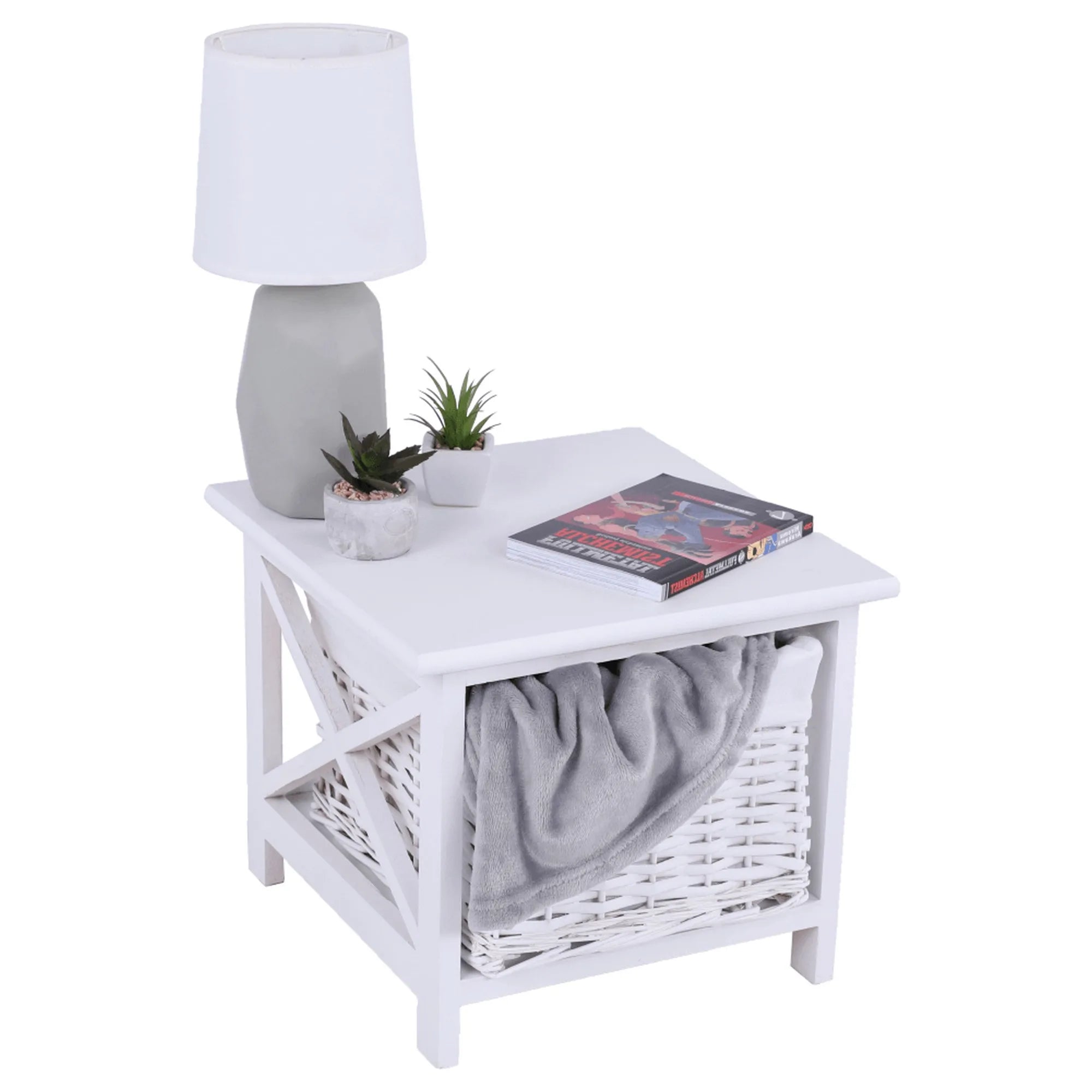 Noptiera RAFAELLO, alb, lemn/material textil/rachita, 36x37x30 cm