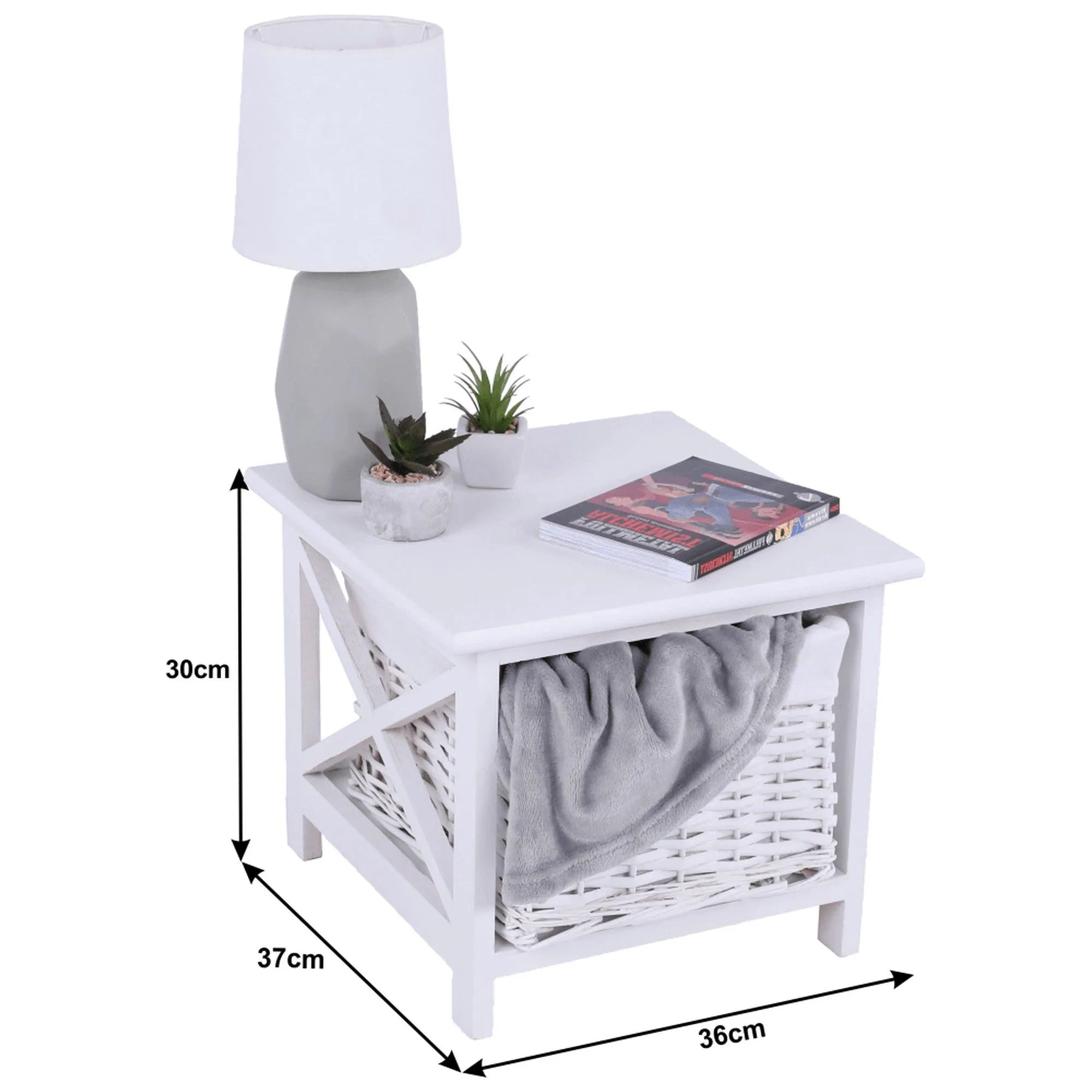Noptiera RAFAELLO, alb, lemn/material textil/rachita, 36x37x30 cm
