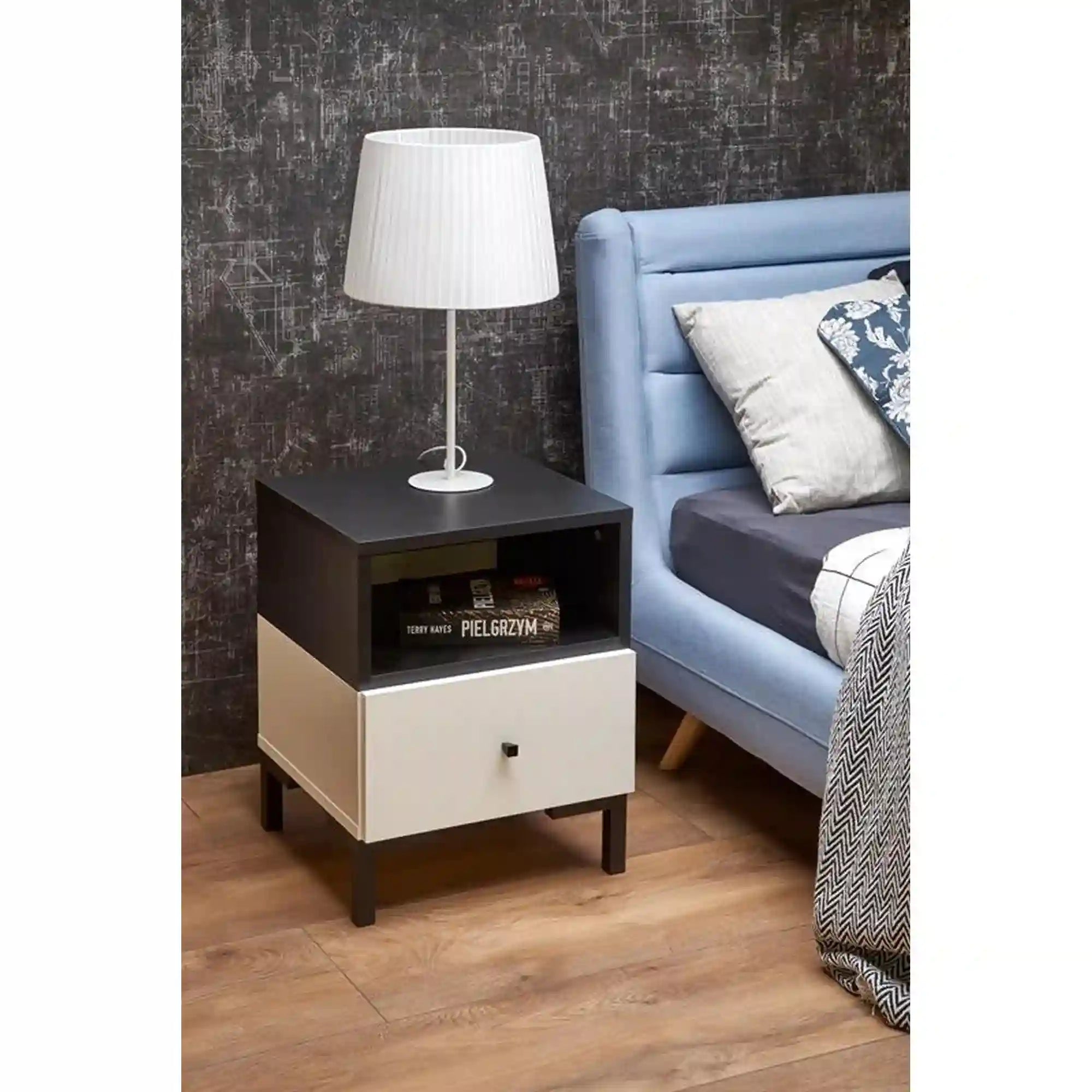 Noptiera SILVIA, alb/negru, PAL, 40x40x52 cm