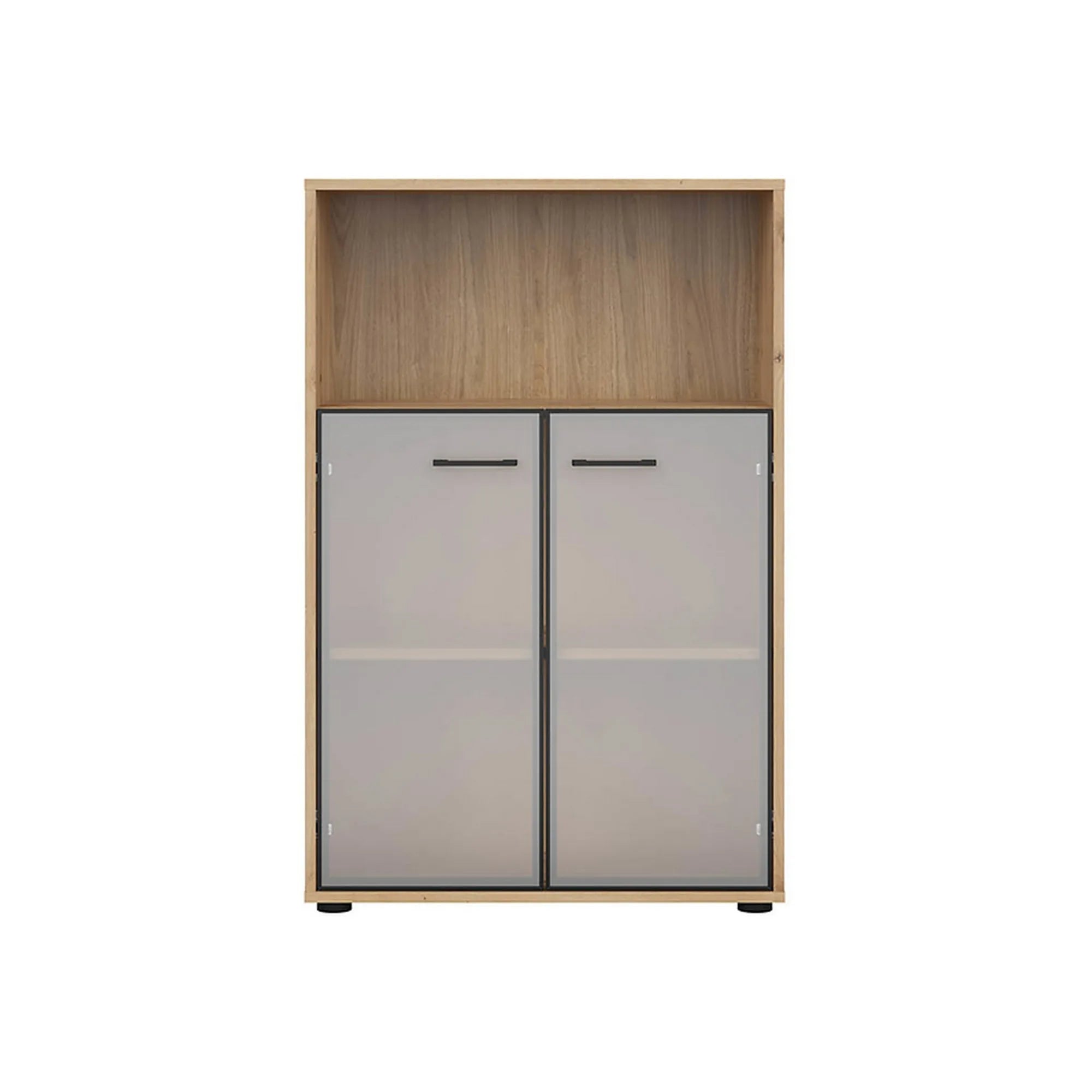 Vitrina SPACE OFFICE, stejar artisan/negru fumuriu, PAL laminat/sticla, cu 2 usi, 80x38x122 cm
