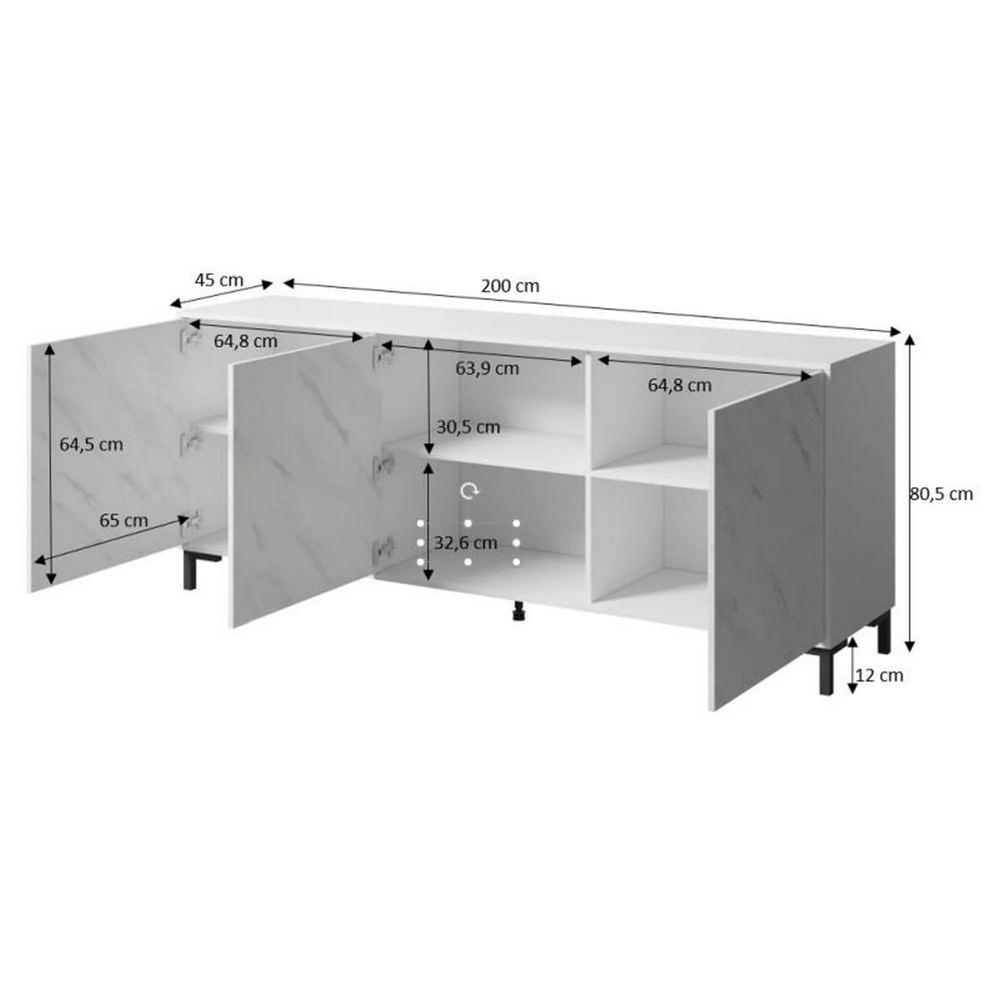 Comoda MARMO, alb/alb cu efect de marmura, PAL laminat, 200x45x81 cm