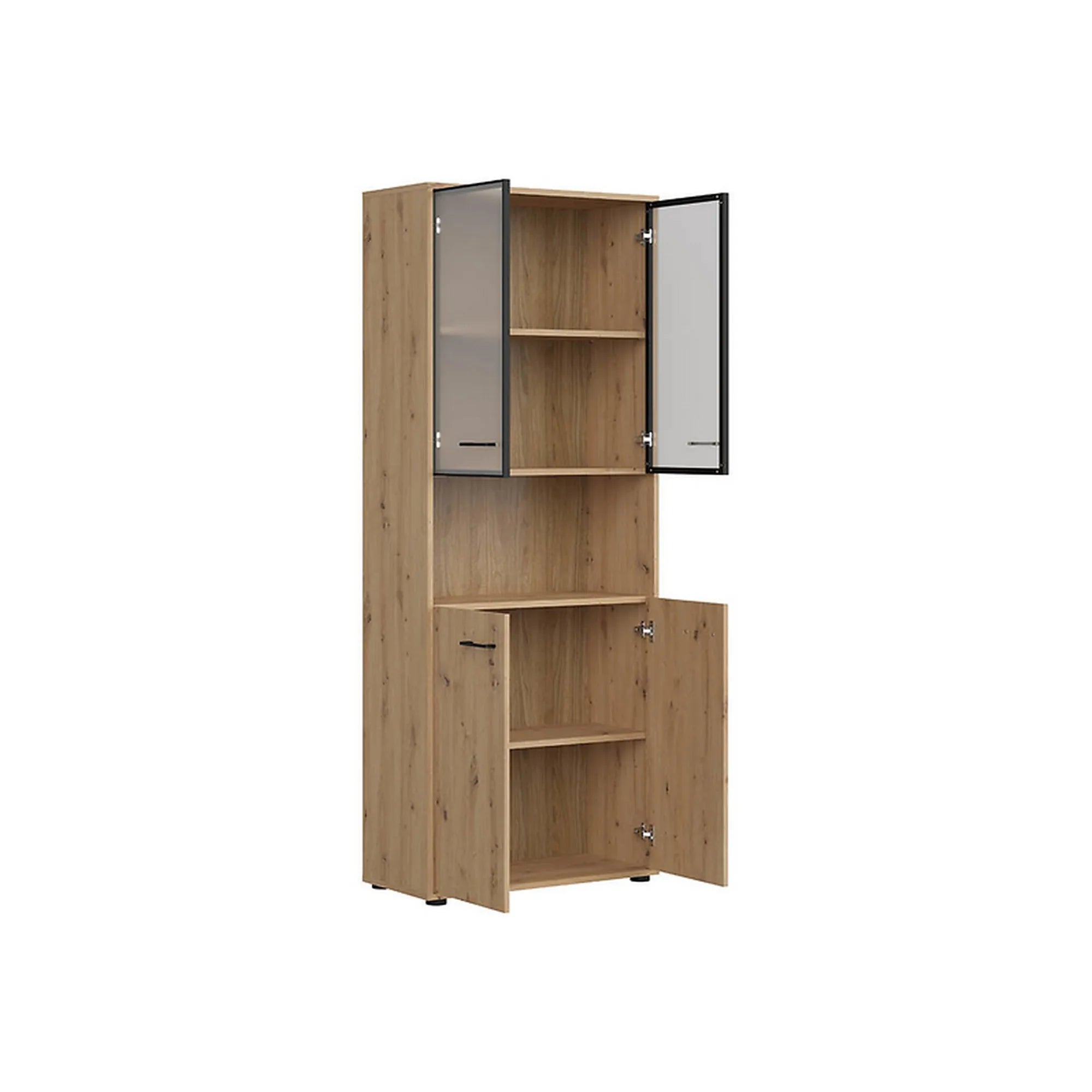 Vitrina SPACE OFFICE, stejar artisan/negru fumuriu, PAL laminat/sticla, cu 4 usi, 80x38x203 cm