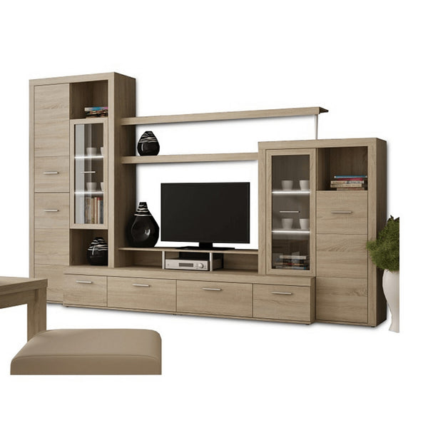 Mobilier living ATLANTIS NEW, stejar sonoma, PAL melaminat/sticla, cu iluminare LED, 5 piese, 314x48x202 cm