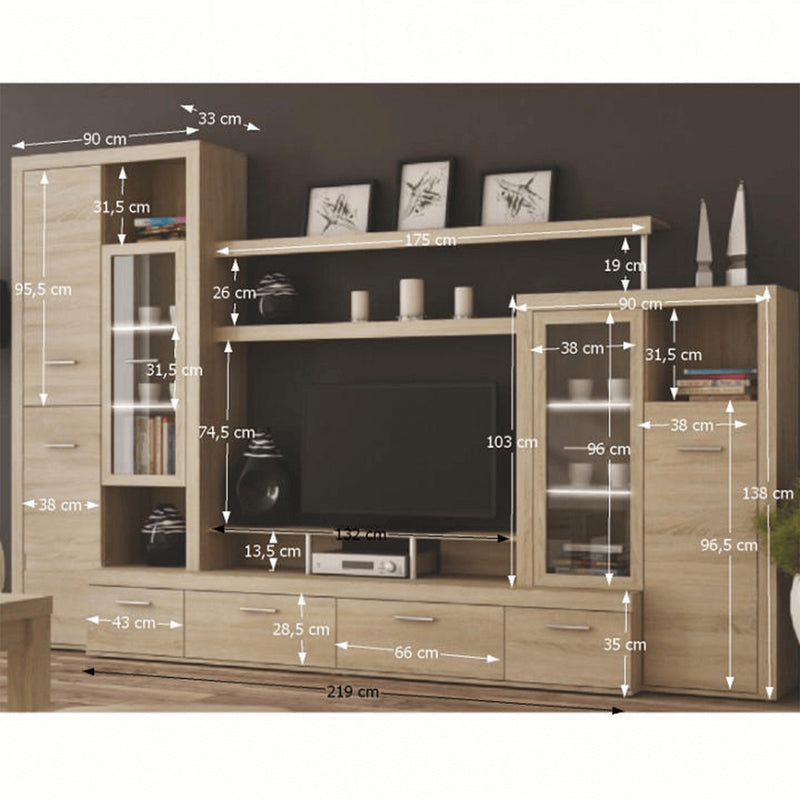 Mobilier living ATLANTIS NEW, stejar sonoma, PAL melaminat/sticla, cu iluminare LED, 5 piese, 314x48x202 cm