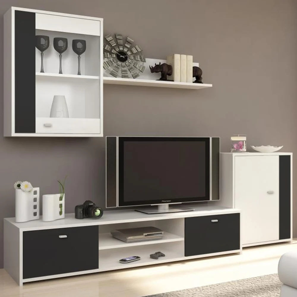 Mobilier living GENTA, alb/negru, PAL melaminat, 4 piese, 210x42x180 cm