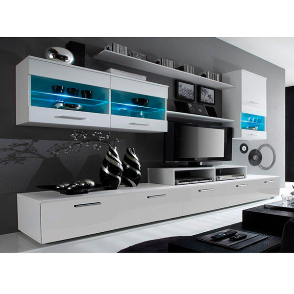 Mobilier living LEO, alb, PAL melaminat/sticla, cu iluminare LED, 7 piese, 250x42x180 cm