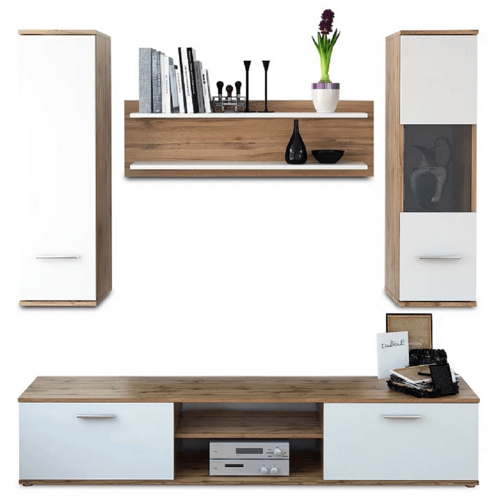 Mobilier living WAW NEW, stejar wotan/alb, PAL melaminat, 5 piese, 188x30x165 cm