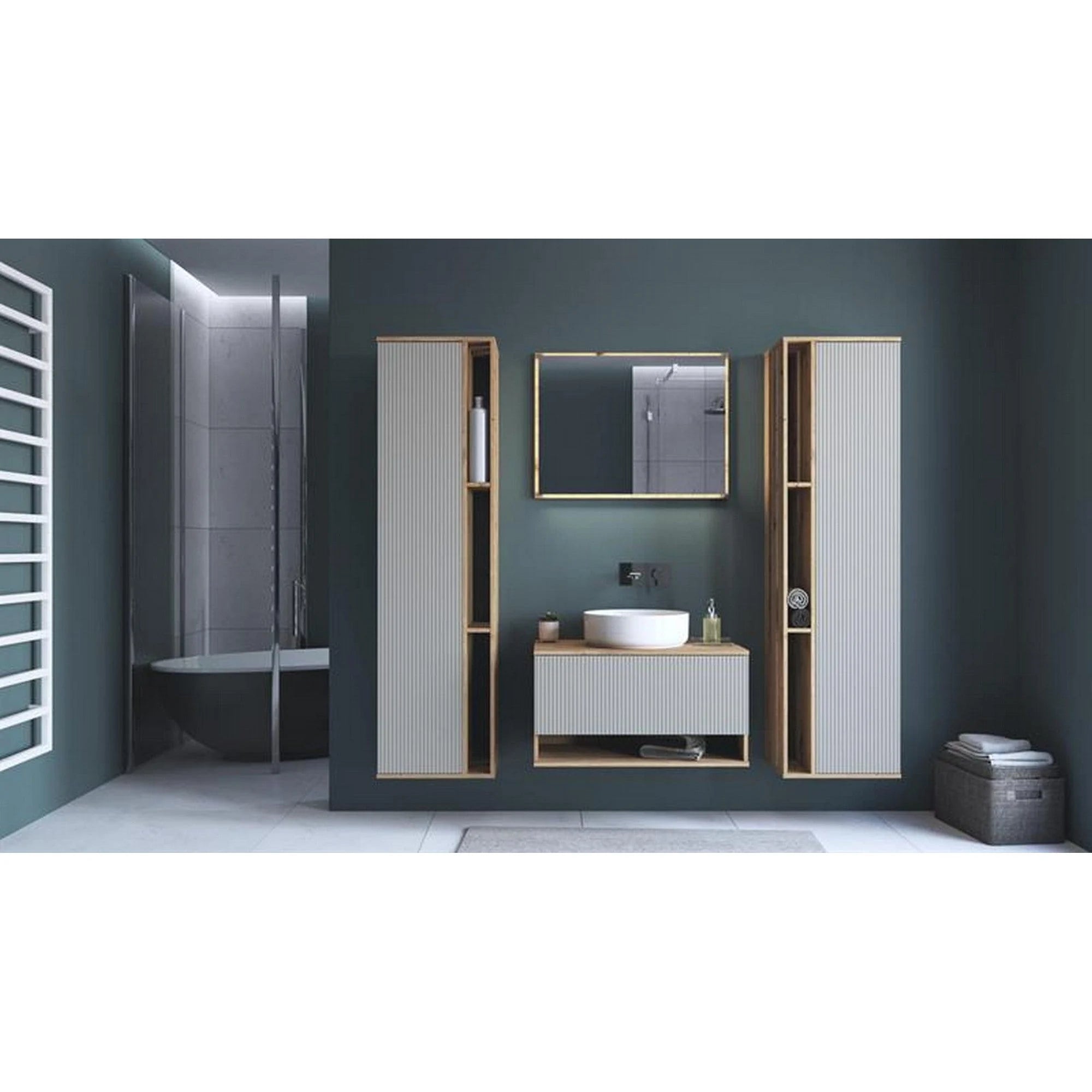 Oglinda de baie AVIOLA, stejar artisan, PAL laminat, cu iluminare led, 80x60 cm