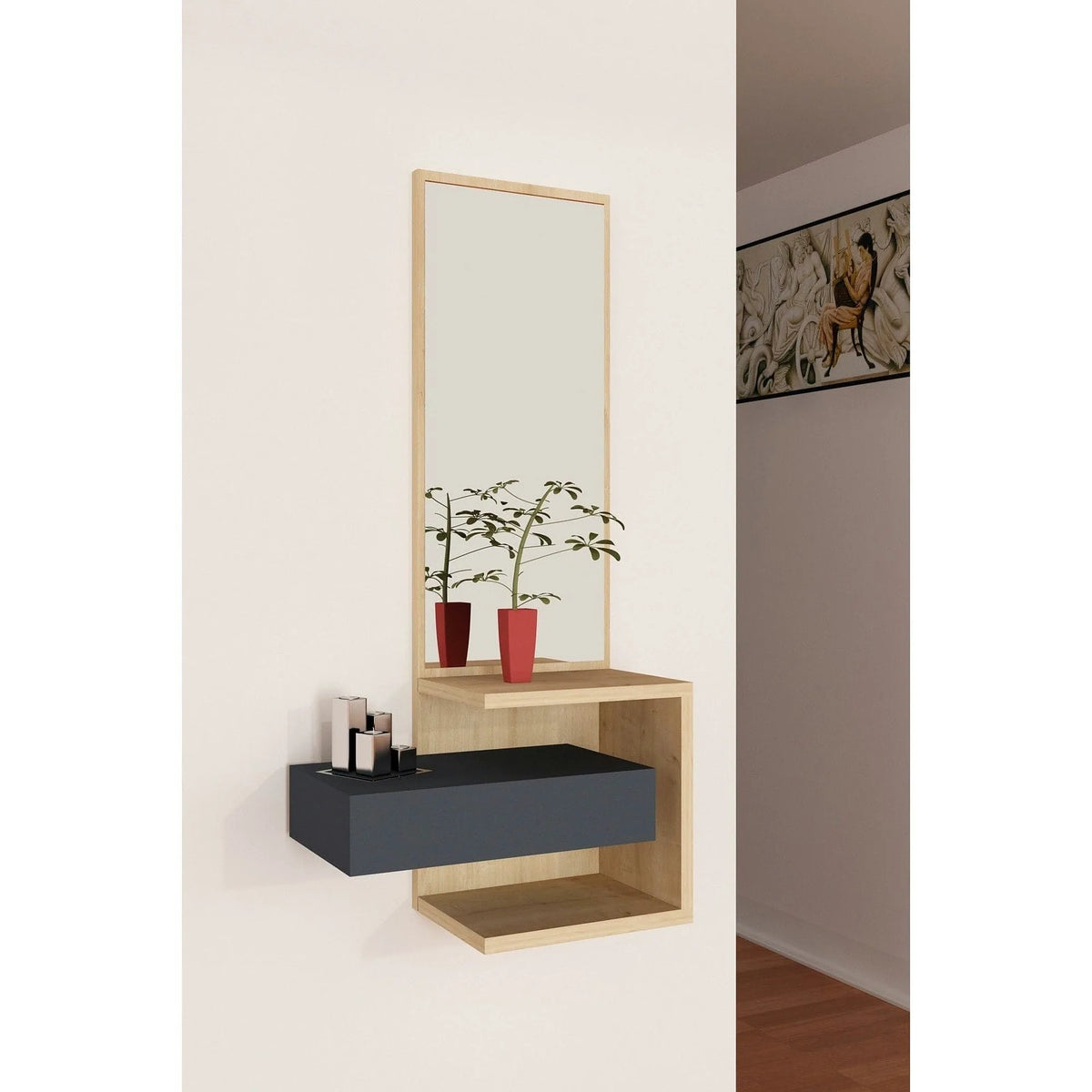 Oglinda STELLA, stejar, PAL melaminat, cu rafturi, 76x22x35 cm