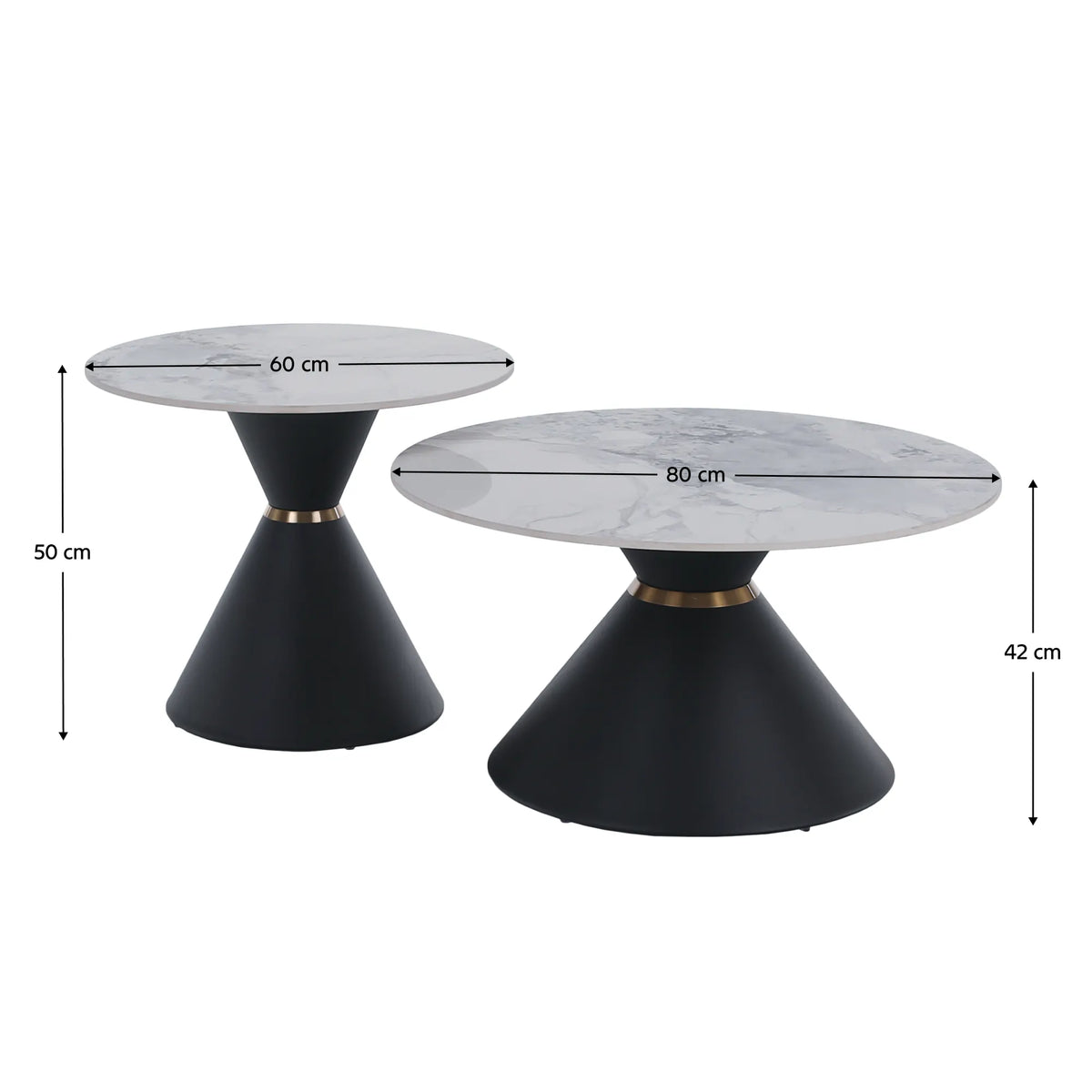 Set 2 masute cafea MABUZ NEW, alb cu efect de marmura/negru, piatra/metal