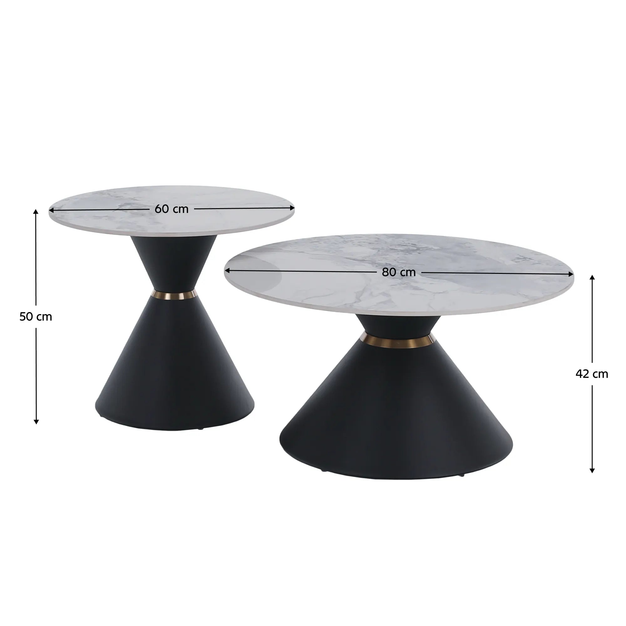 Set 2 masute cafea MABUZ NEW, alb cu efect de marmura/negru, piatra/metal