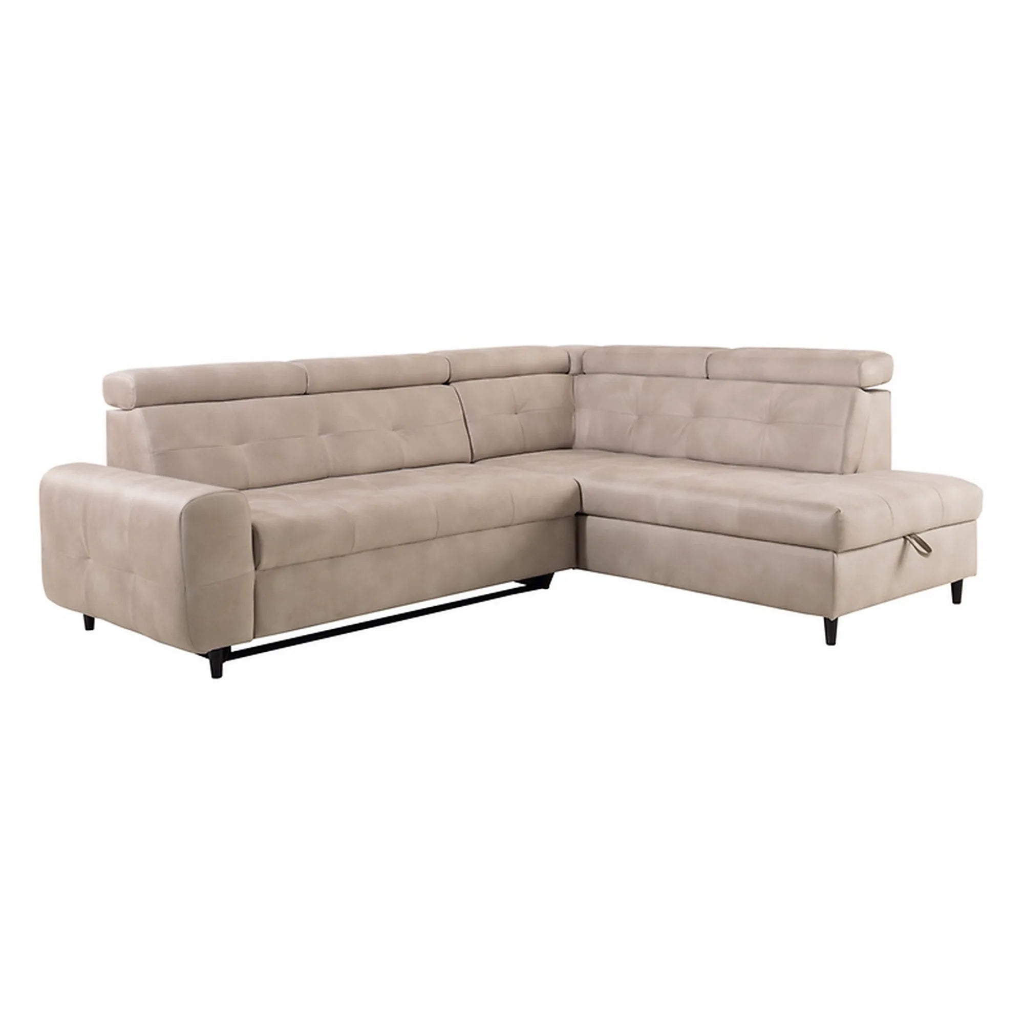Coltar extensibil MATRAS, sezlong dreapta, stofa catifelata bej - Letto 11, cu lada depozitare si tetiere reglabile, 263x205x98 cm