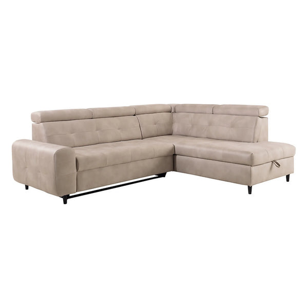 Coltar extensibil MATRAS, sezlong dreapta, stofa catifelata bej - Letto 11, cu lada depozitare si tetiere reglabile, 263x205x98 cm