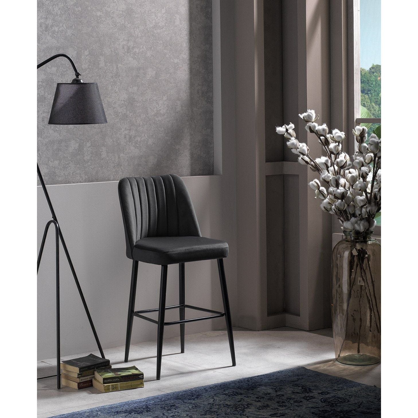 Set 2 scaune bar VENTO, gri antracit/negru, stofa catifelata/metal, 49x45x99 cm