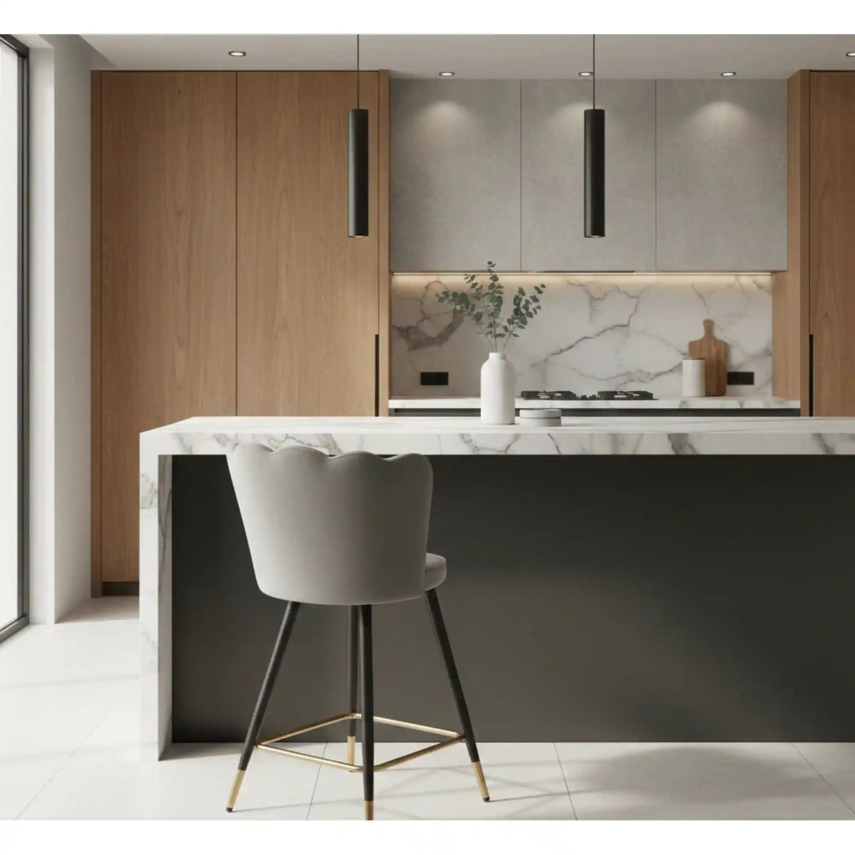 Scaun bar H106, gri/negru, stofa catifelata/otel, 55x58x96 cm