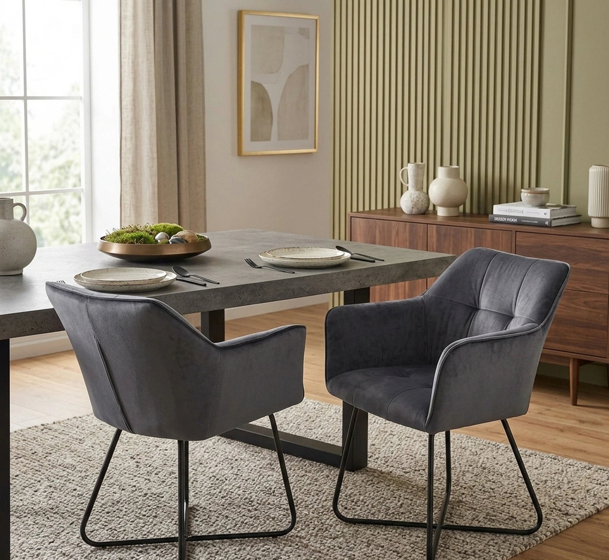 Scaun tapitat K377, gri inchis/negru, stofa catifelata/metal, 60x62x81 cm