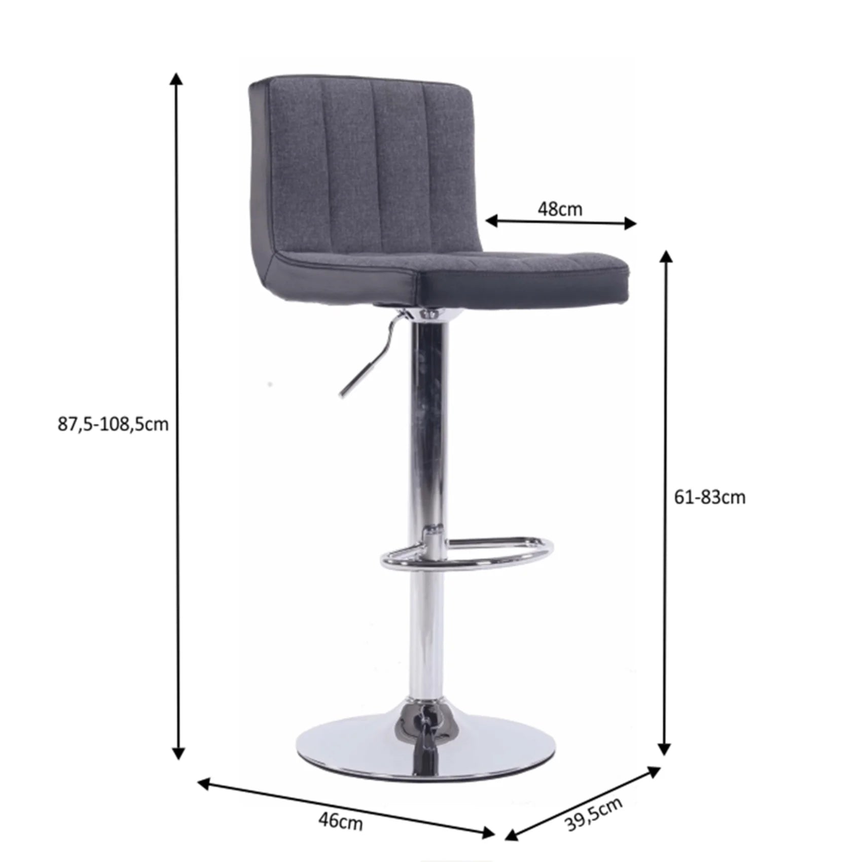 Scaun bar HILDA, gri/negru cromat, stofa clasica/piele ecologica/metal, 40x46x88/109 cm