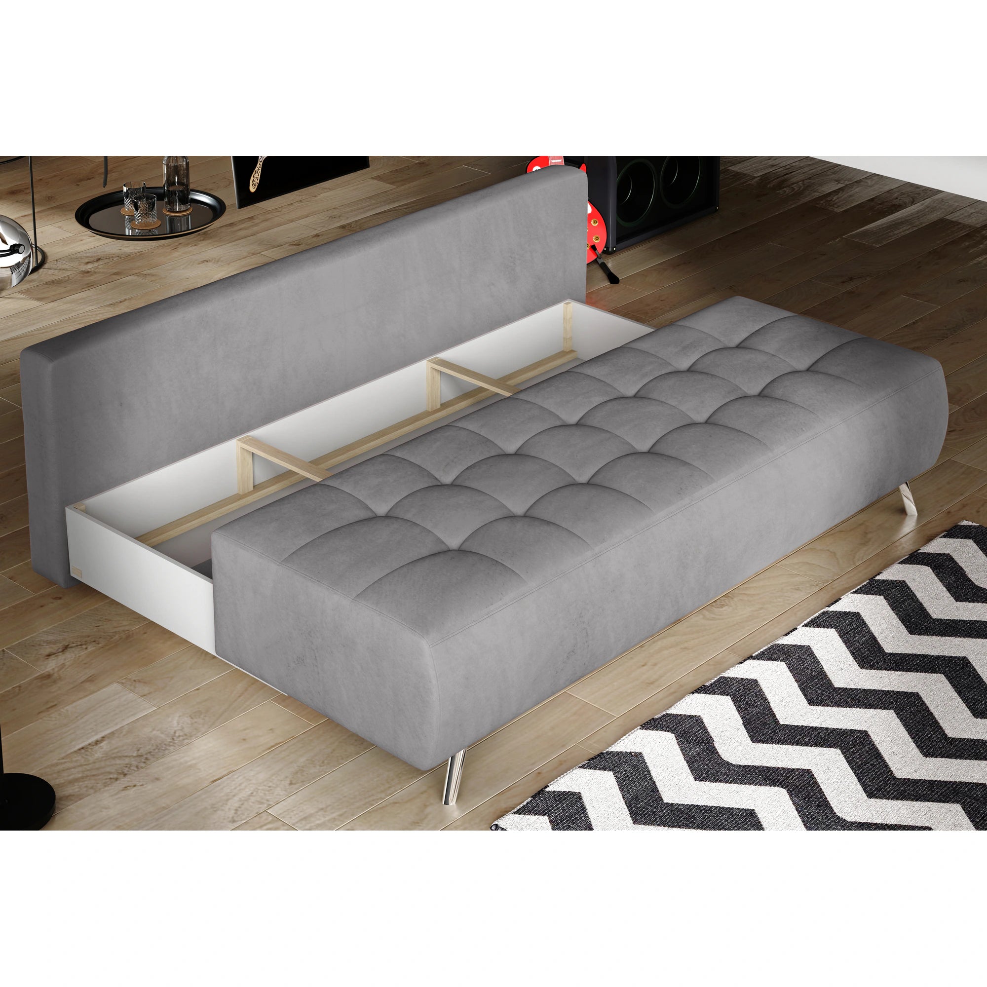 Canapea extensibila OSLO, stofa catifelata albastru - Palladium 14, Gama Premium, cu lada depozitare, 197x94x90 cm