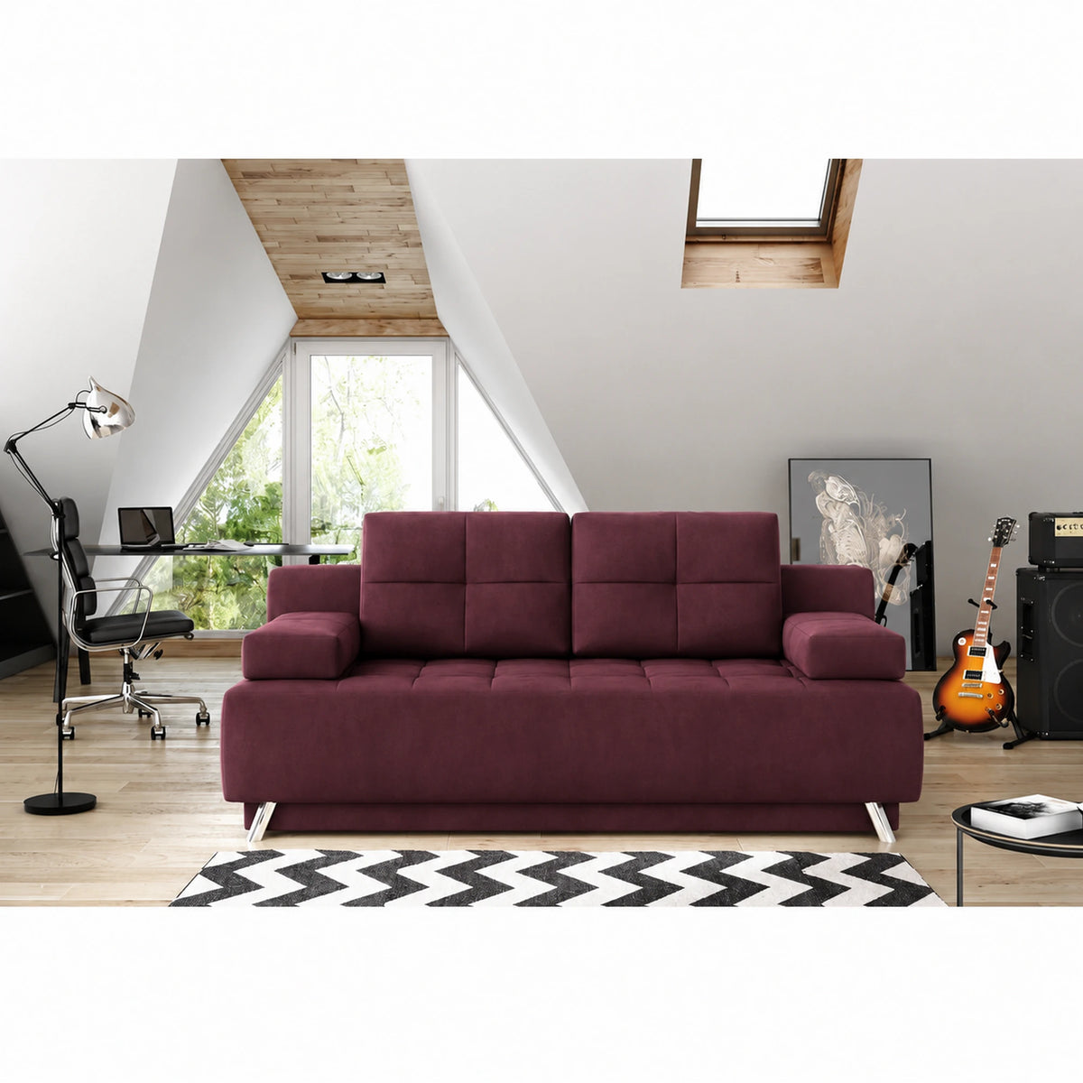 Canapea dubla extensibila OSLO, stofa catifelata visiniu - Monolith 69, cu lada depozitare, 197x94x90 cm