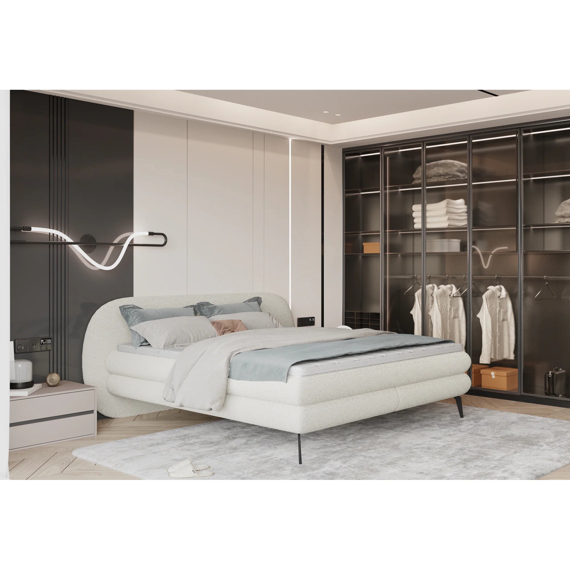 Pat boxspring OVO 180x200, personalizabil materiale Gama Premium, cu saltele si topper
