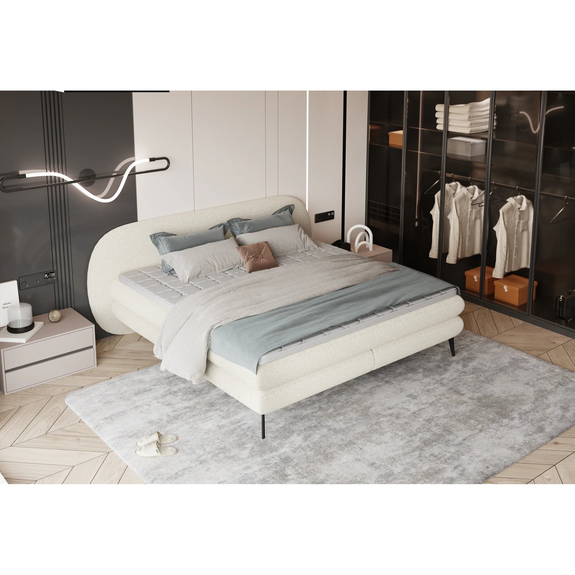Pat boxspring OVO 160x200, personalizabil materiale Gama Premium, cu saltele si topper