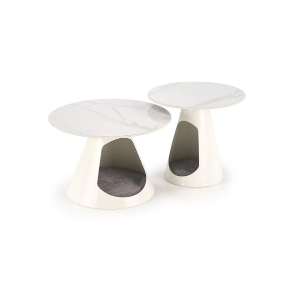 Set 2 masute cafea OSARIO, alb cu efect de marmura, ceramica/metal