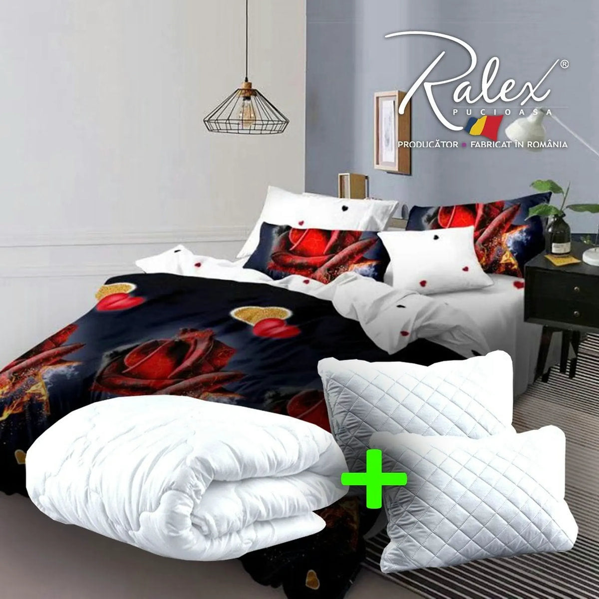 Pachet promo 6 piese lenjerie pat finet PLP101, negru/alb, cu pilota, perna, cearceaf pilota, cearceaf pat si 4 fete de perna
