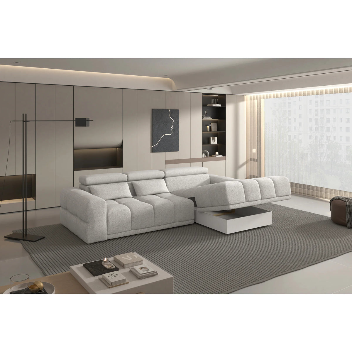 Coltar PANAMA BOX S, personalizabil materiale Gama Premium, cu lada depozitare si reglaj electric, 290x188x98 cm