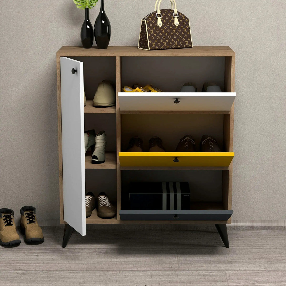 Pantofar BELLA 1804, stejar/alb/galben, PAL melaminat, 90x35x105 cm