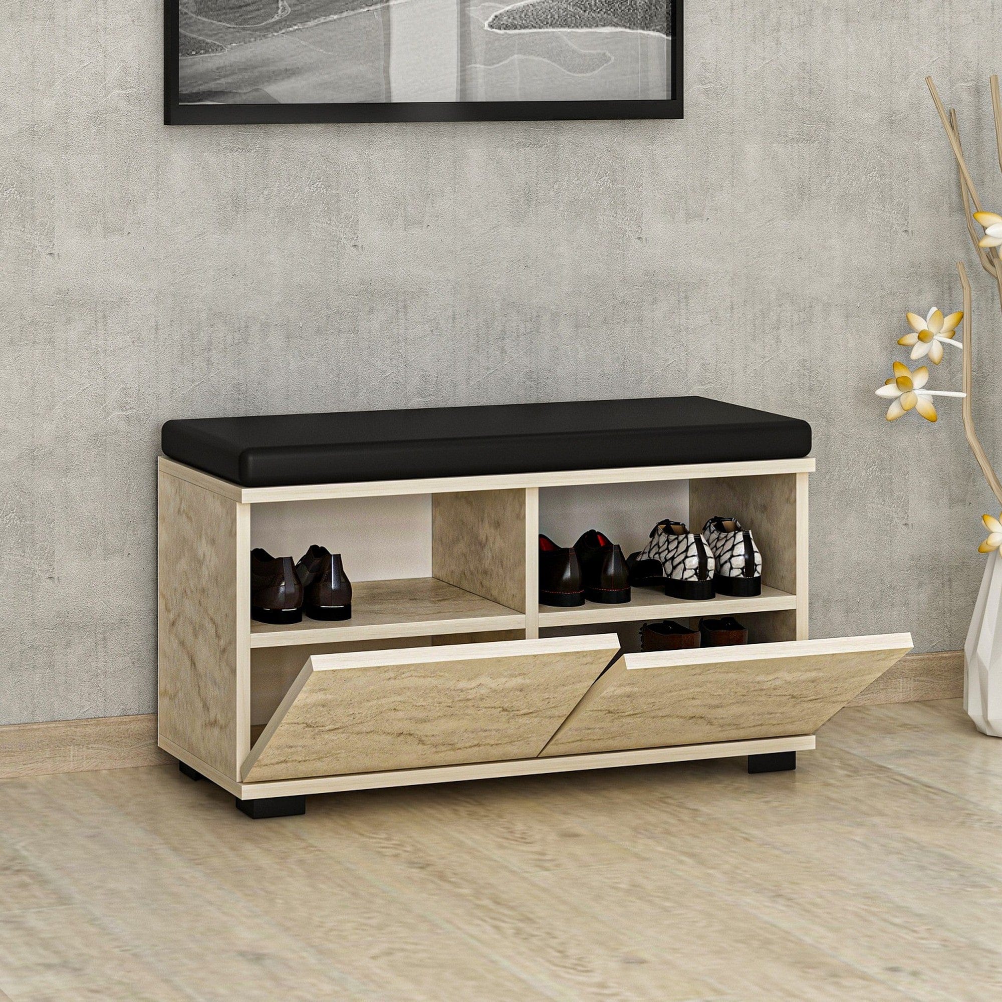 Pantofar DRAGO, bej cu efect de marmura/negru, PAL melaminat, 80x35x42 cm