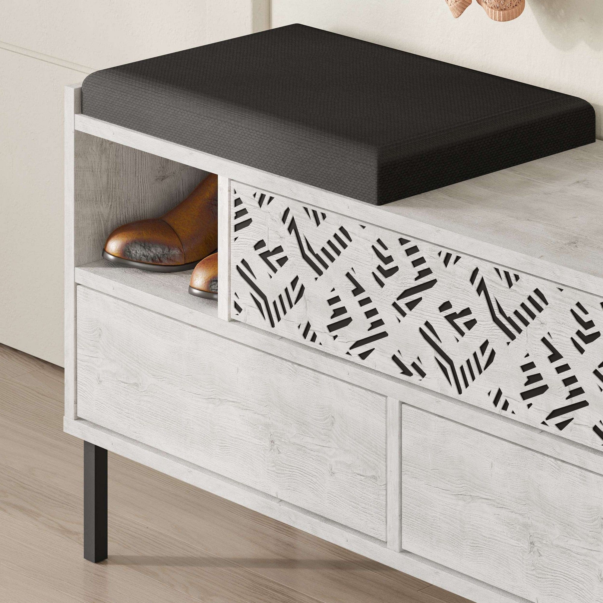 Pantofar HEATON, stejar alb, PAL melaminat/metal, 110x37x56 cm