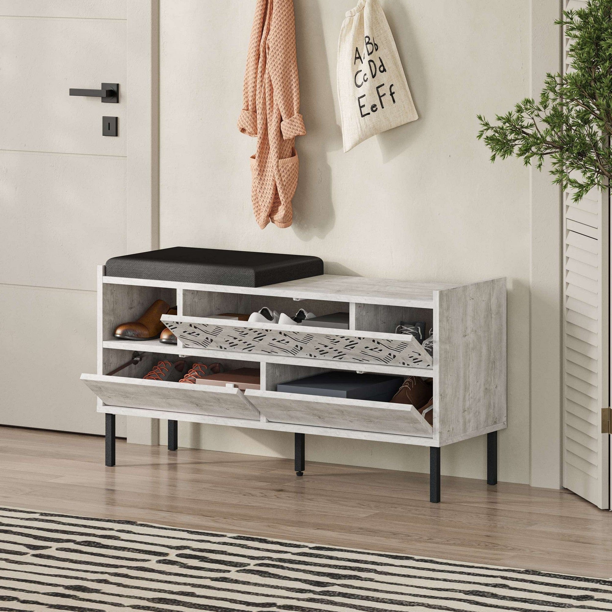 Pantofar HEATON, stejar alb, PAL melaminat/metal, 110x37x56 cm