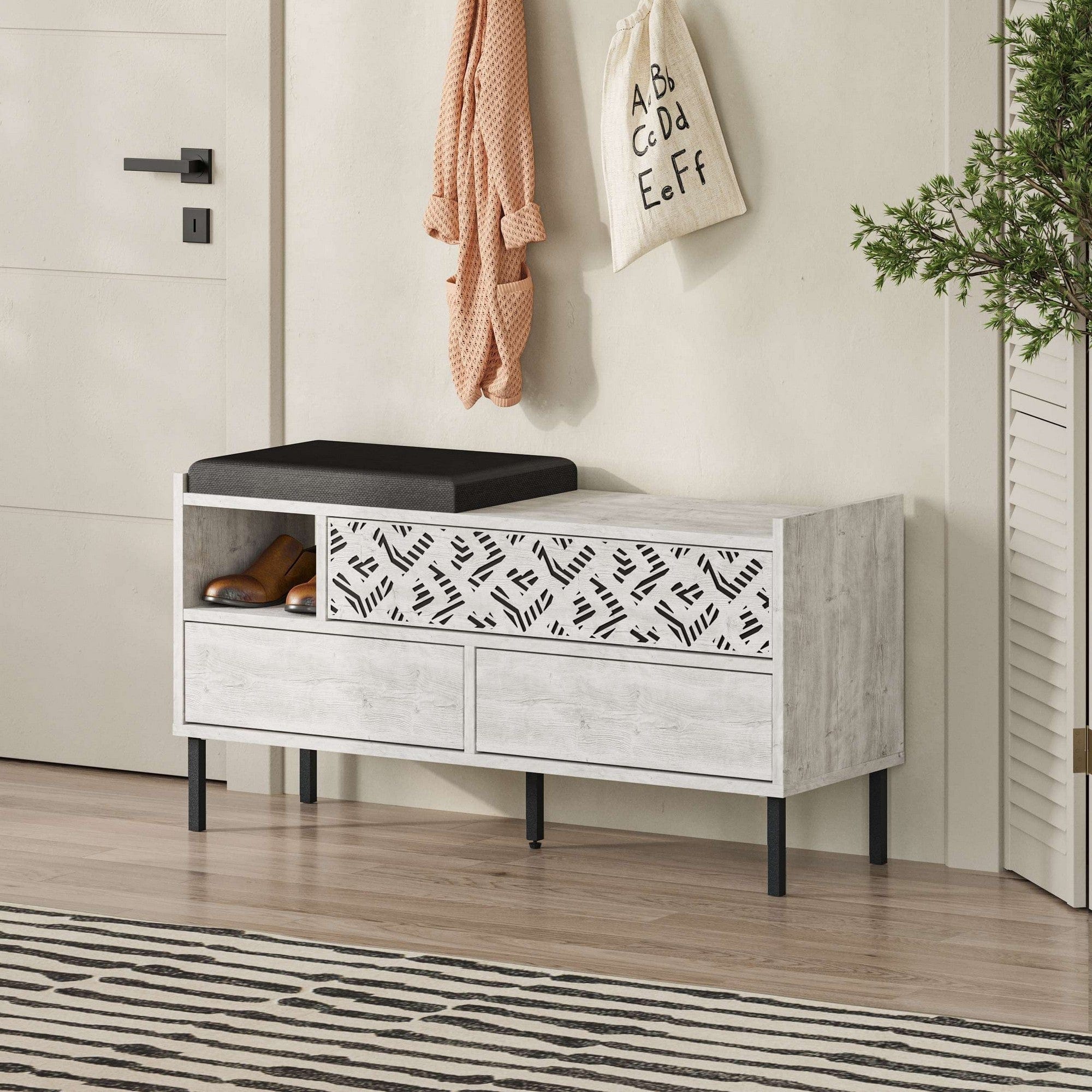 Pantofar HEATON, stejar alb, PAL melaminat/metal, 110x37x56 cm