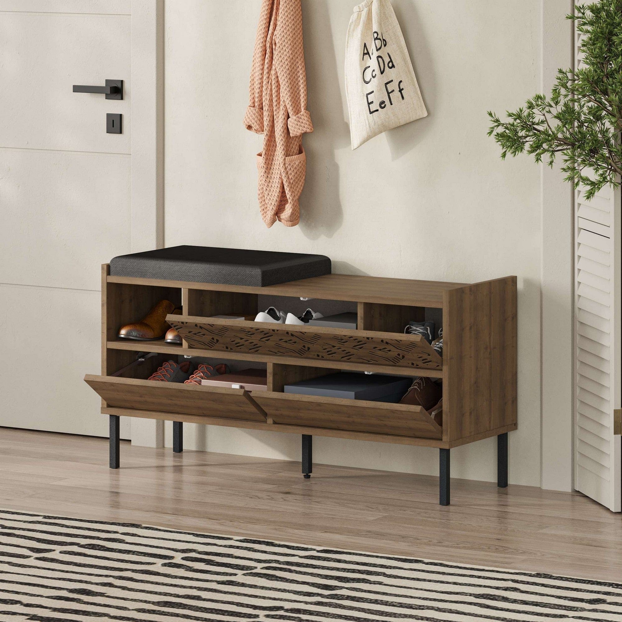 Pantofar HEATON, stejar inchis/gri inchis, PAL melaminat/metal, 110x37x56 cm
