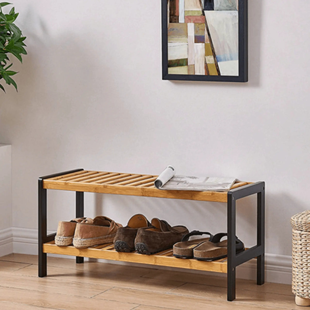 Pantofar KONTRE, negru/stejar, 70x26x34 cm