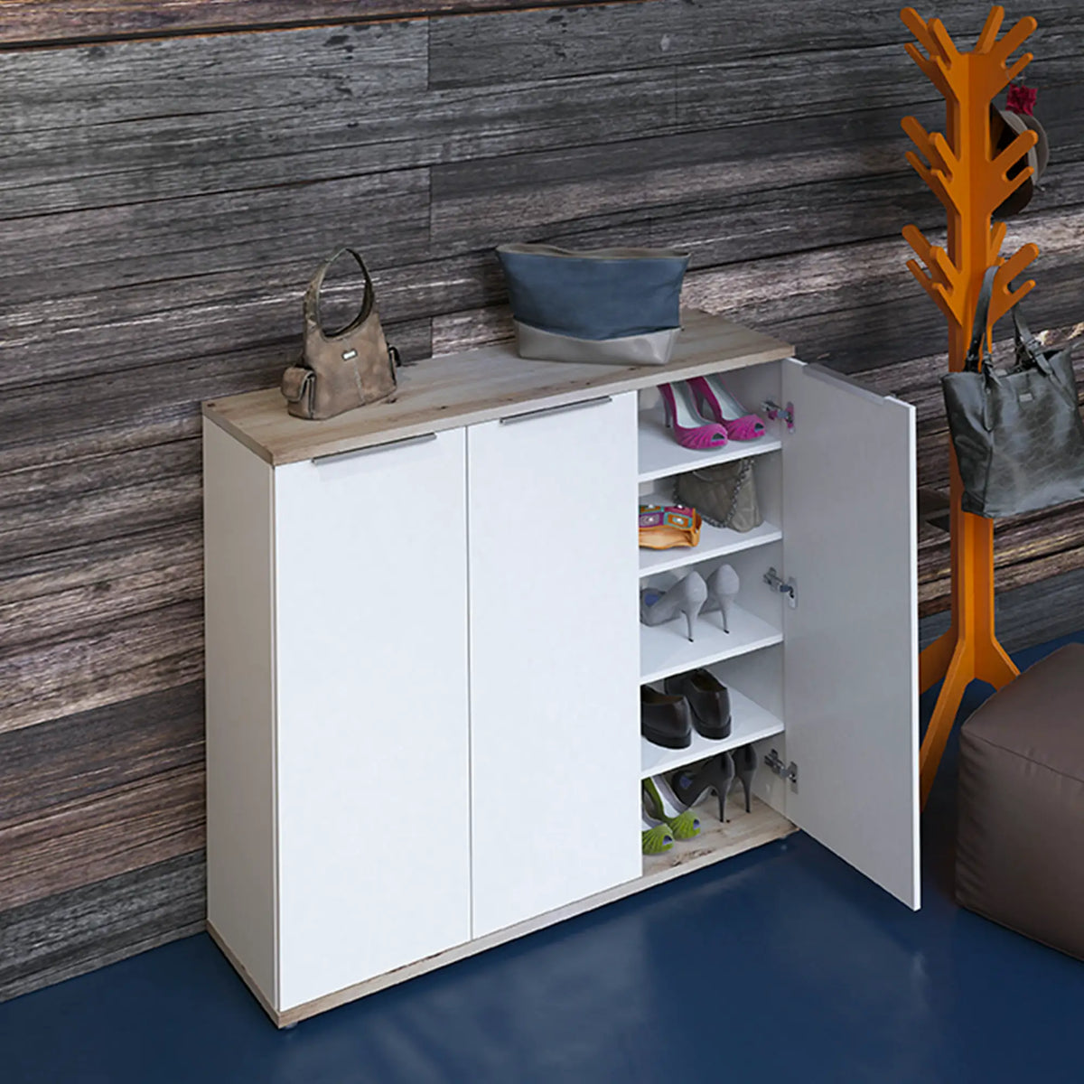 Pantofar MODINI TYP 2, stejar artisan/alb, DTD laminat/metal, 120x35x105 cm