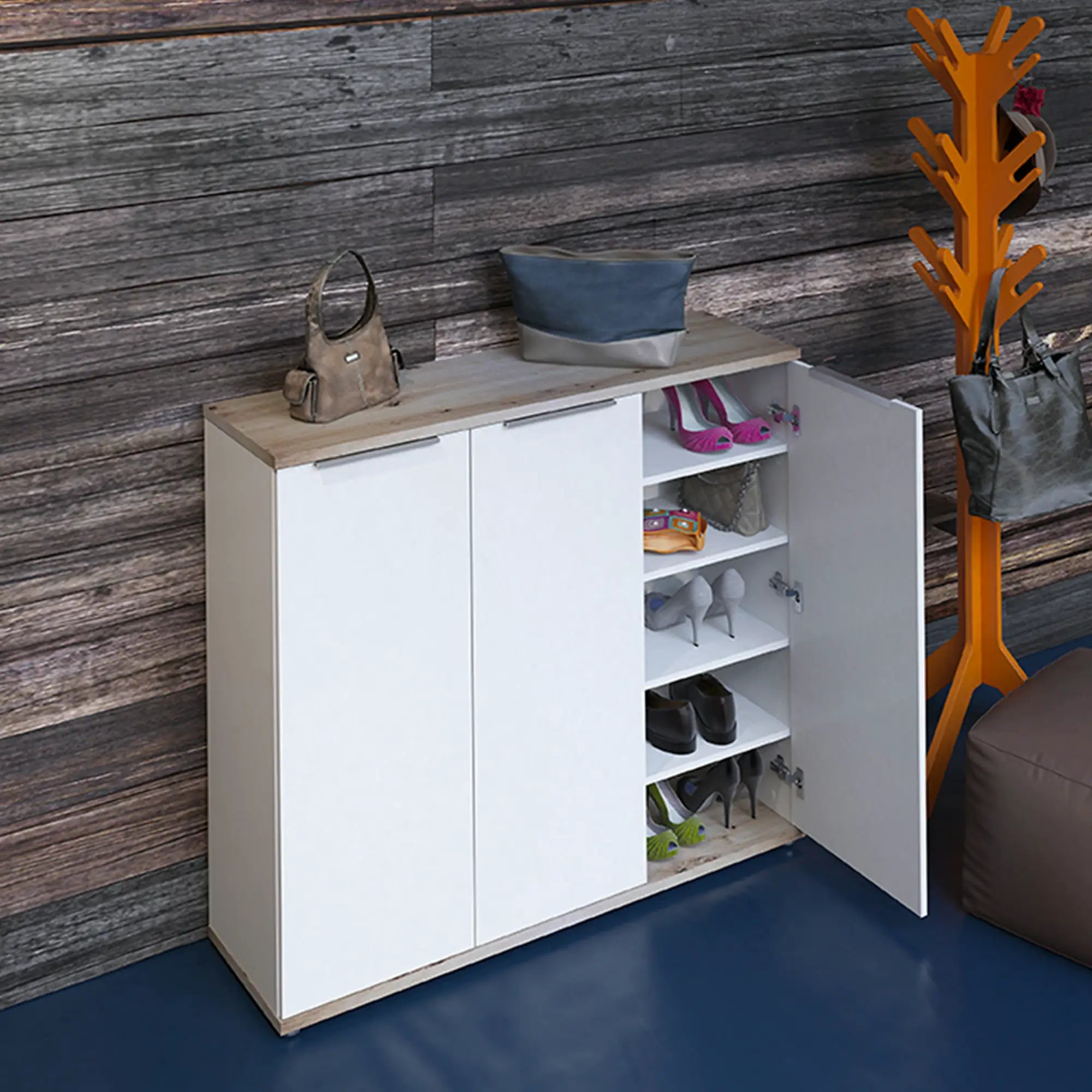 Pantofar MODINI TYP 2, stejar artisan/alb, DTD laminat/metal, 120x35x105 cm