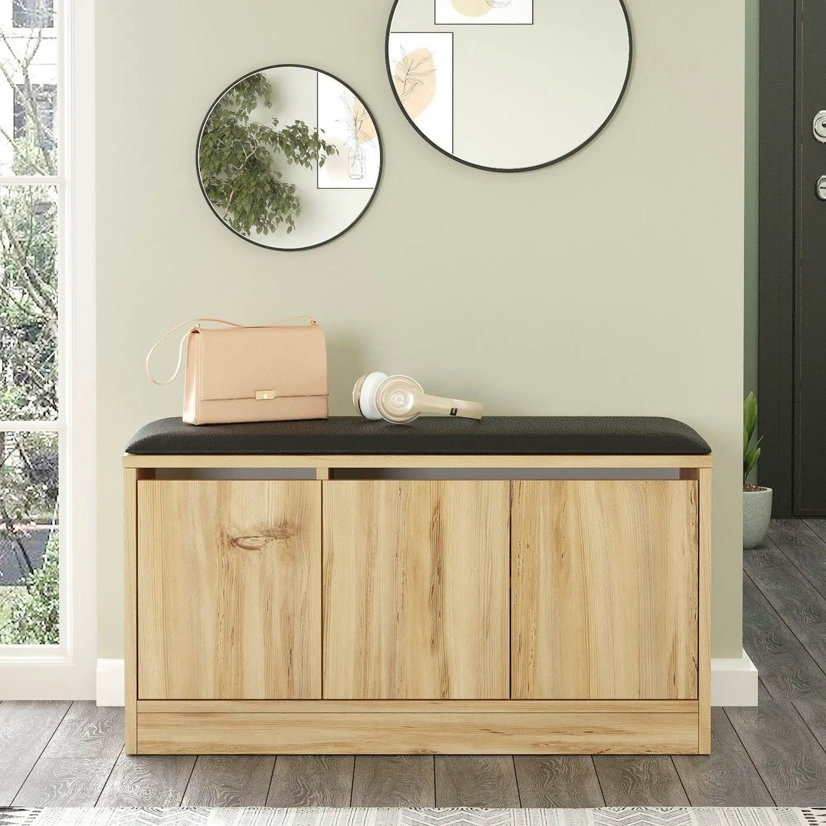 Pantofar MR2-KE-Oak, stejar/negru, PAL melaminat/piele ecologica, 90x36x46 cm