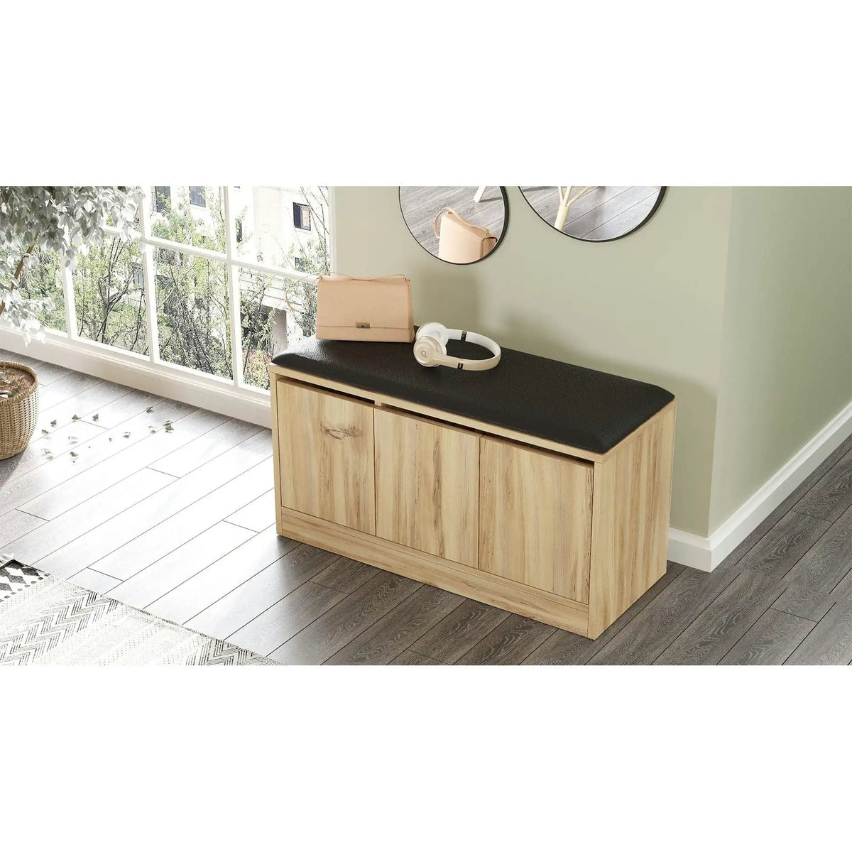 Pantofar MR2-KE-Oak, stejar/negru, PAL melaminat/piele ecologica, 90x36x46 cm