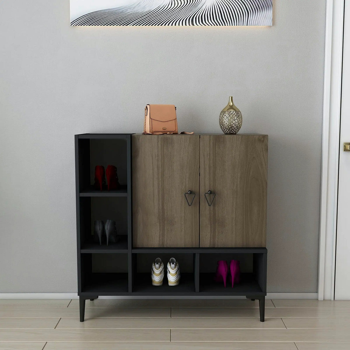 Pantofar Platin, negru/nuc, PAL melaminat, 100x35x100 cm