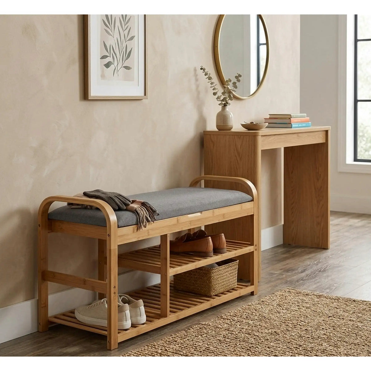 Pantofar ST13, gri/stejar natural, stofa/lemn de bambus, 100x33x50 cm