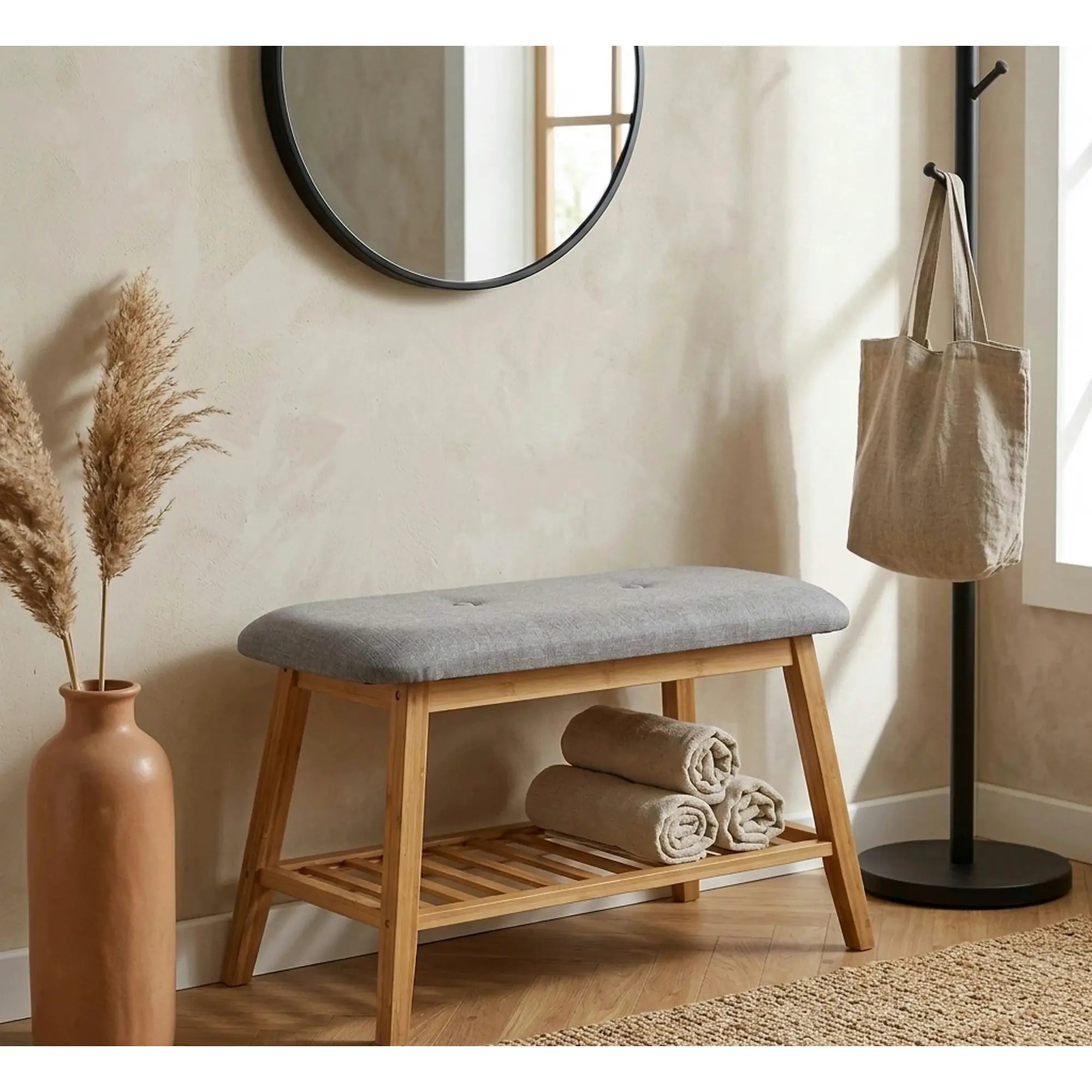 Pantofar ST14, gri/stejar natural, stofa/lemn de bambus, 60x30x44 cm