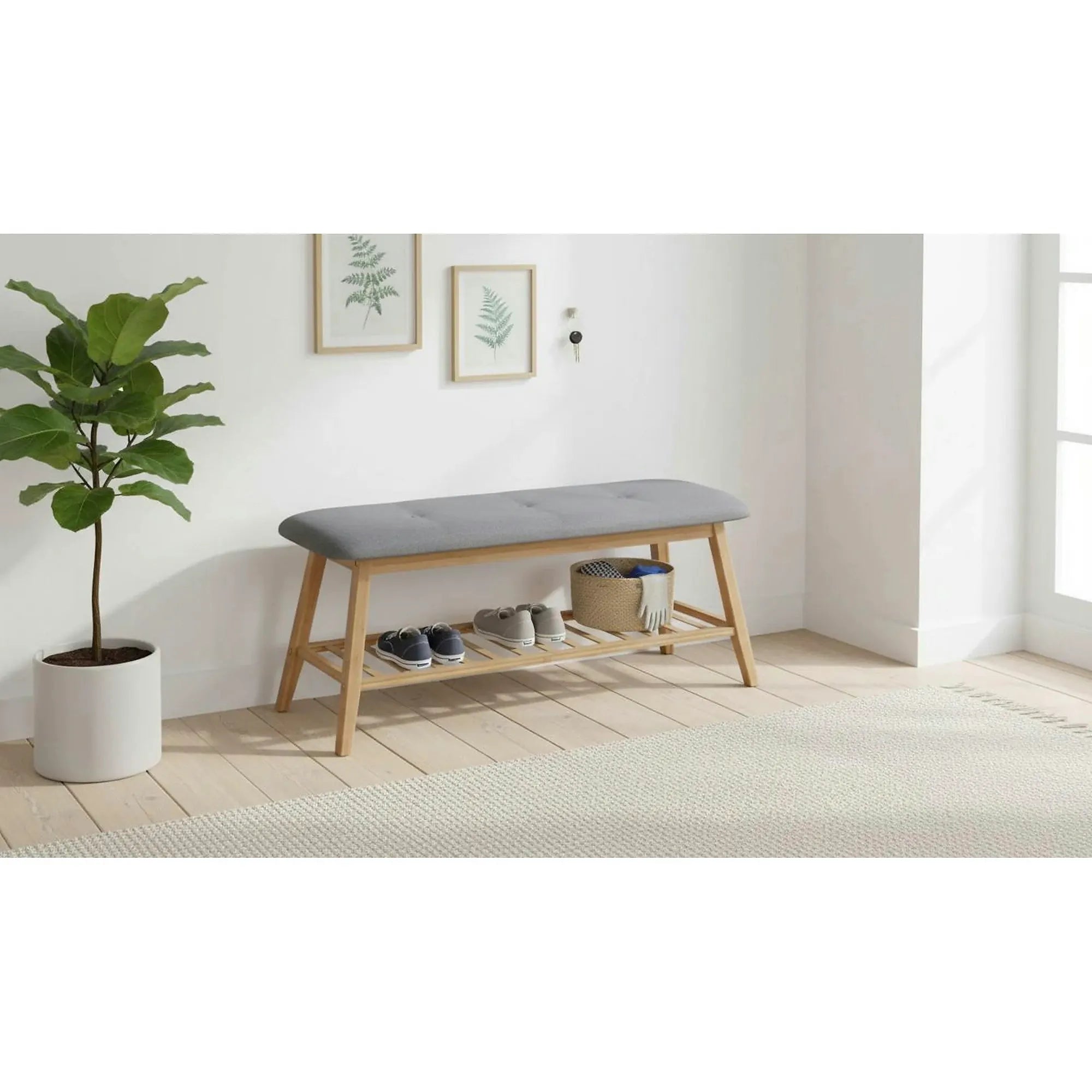 Pantofar ST15, gri/stejar natural, stofa/lemn de bambus, 100x30x44 cm