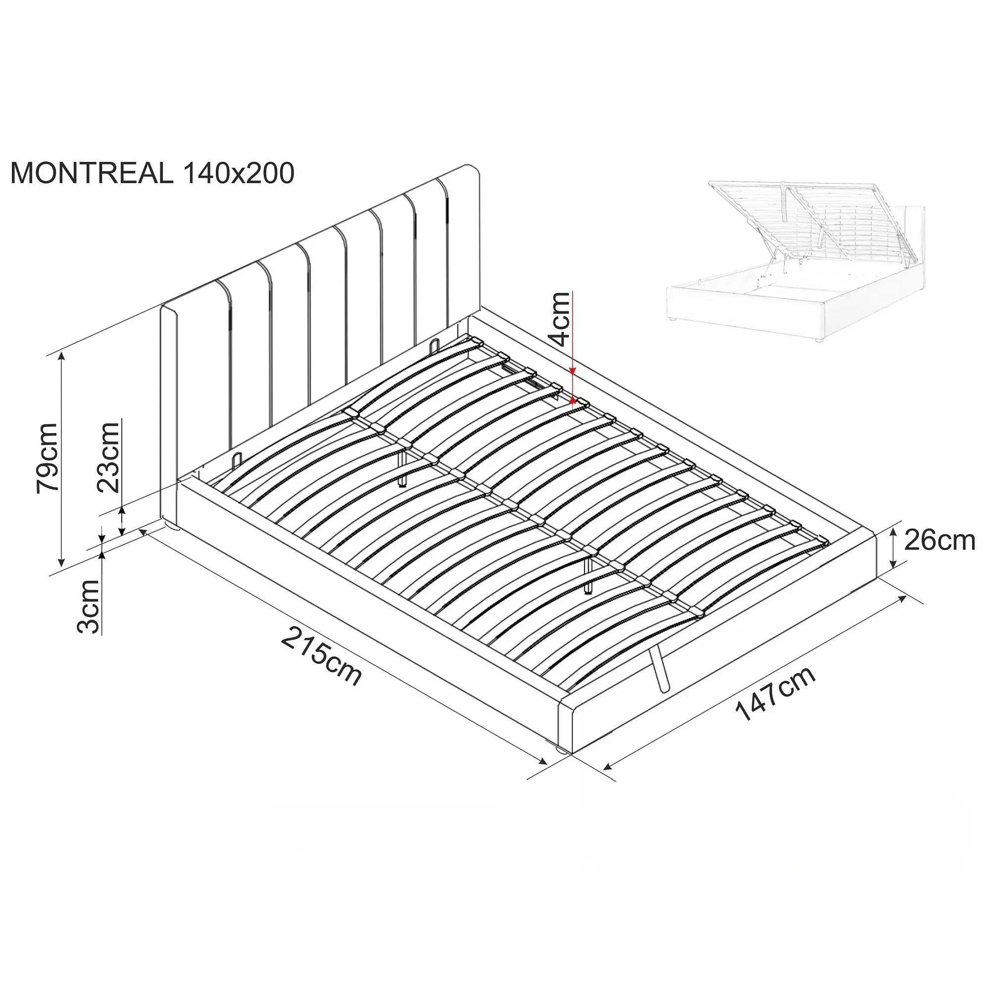 Pat 140 cm MONTREAL, stofa catifelata gri, cu somiera si spatiu depozitare